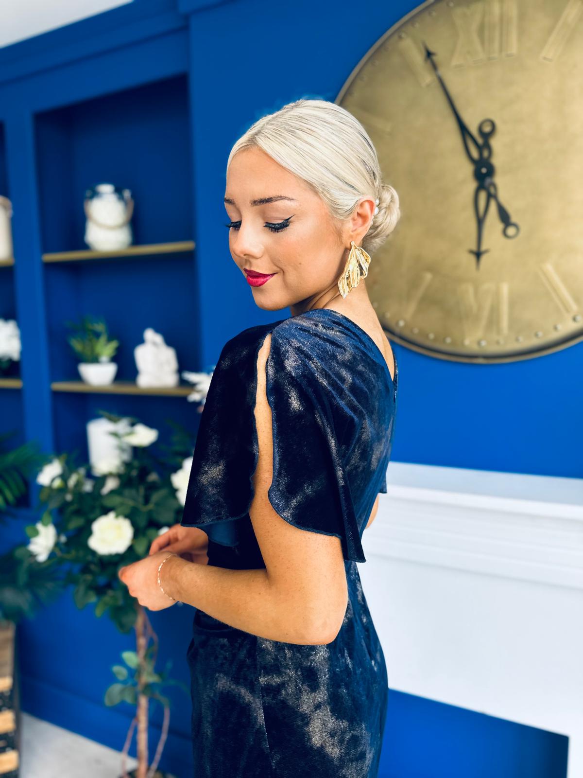 Cleo Velvet Ruched Detail Midi Dress Navy And Gold