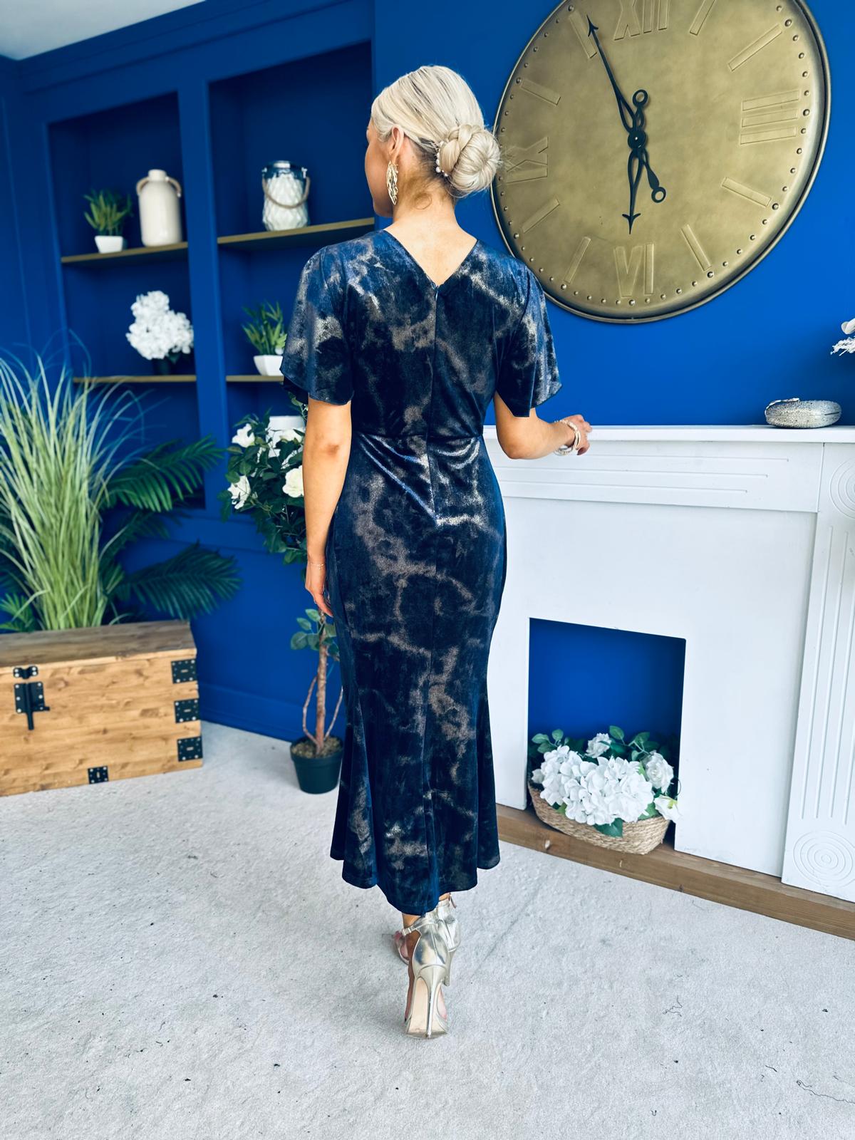 Cleo Velvet Ruched Detail Midi Dress Navy And Gold