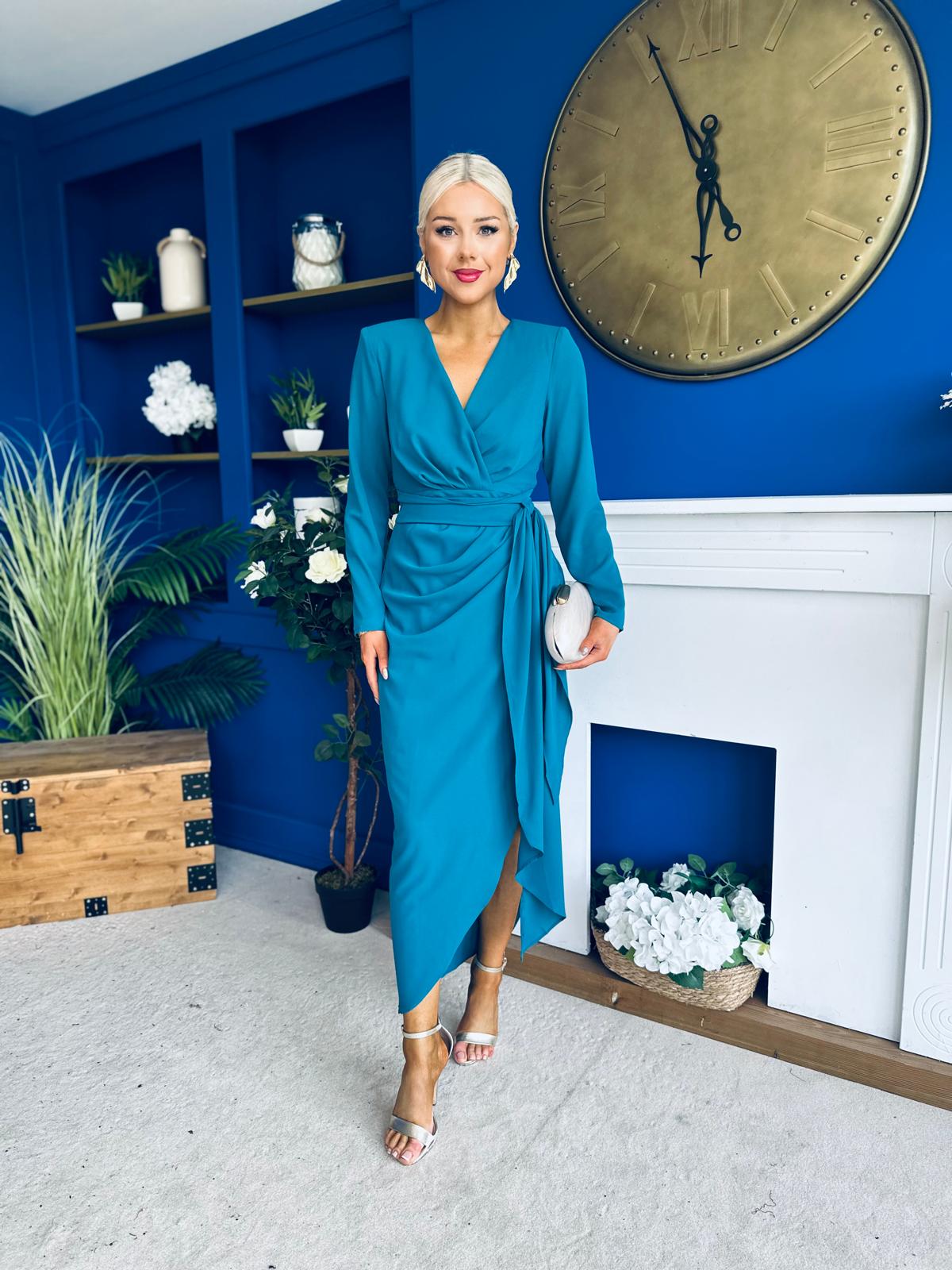 Bria Gathered Detail Midi Dress Teal