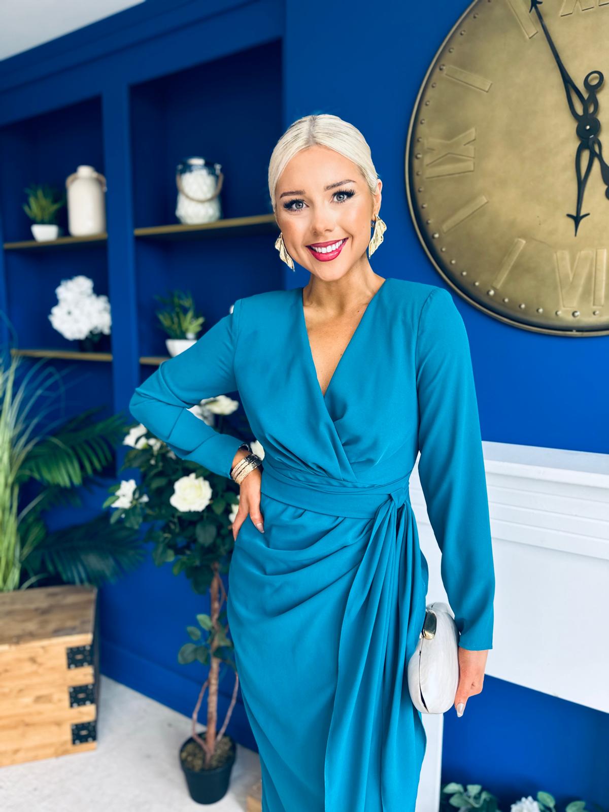 Bria Gathered Detail Midi Dress Teal