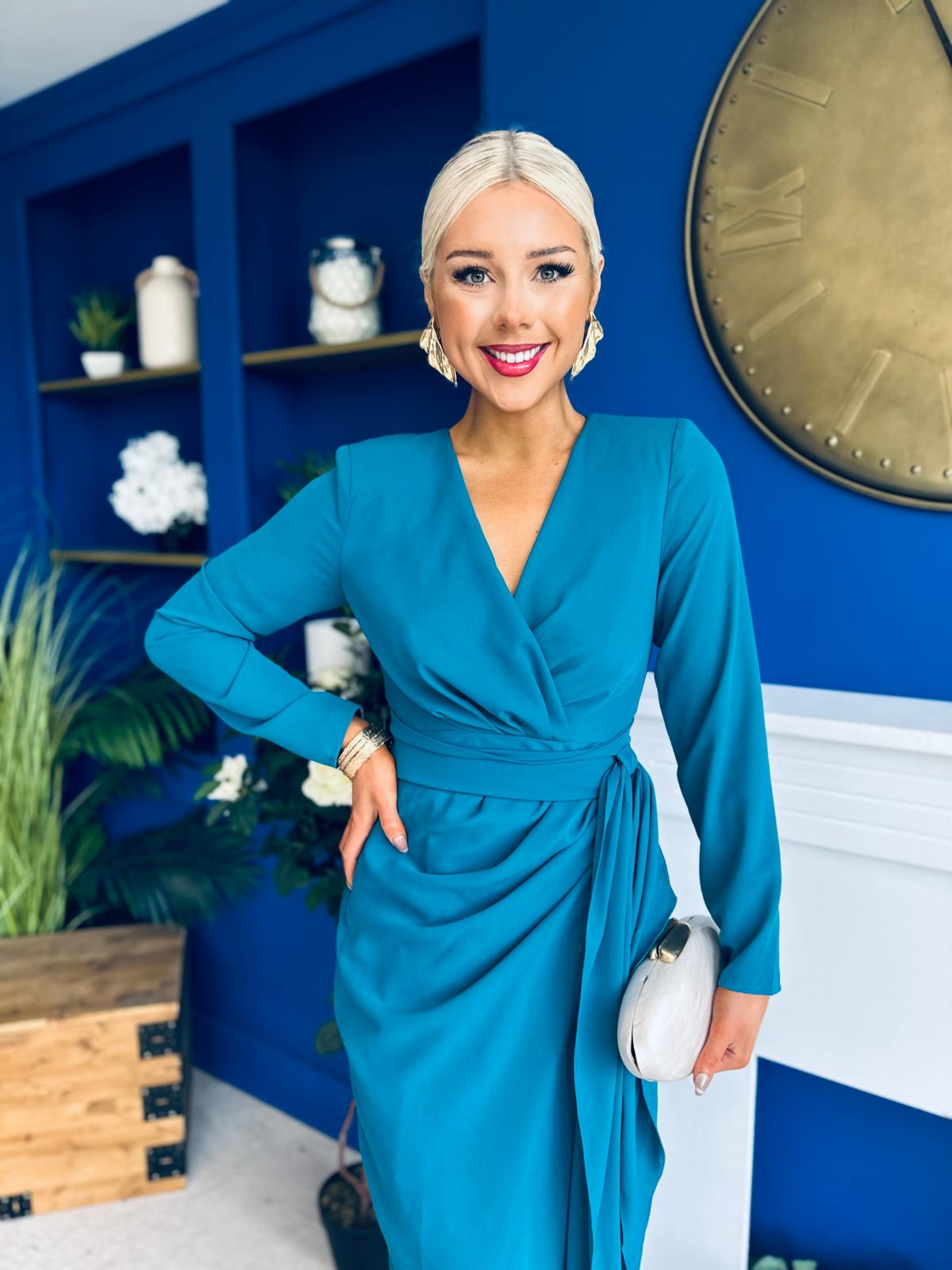 Bria Gathered Detail Midi Dress Teal