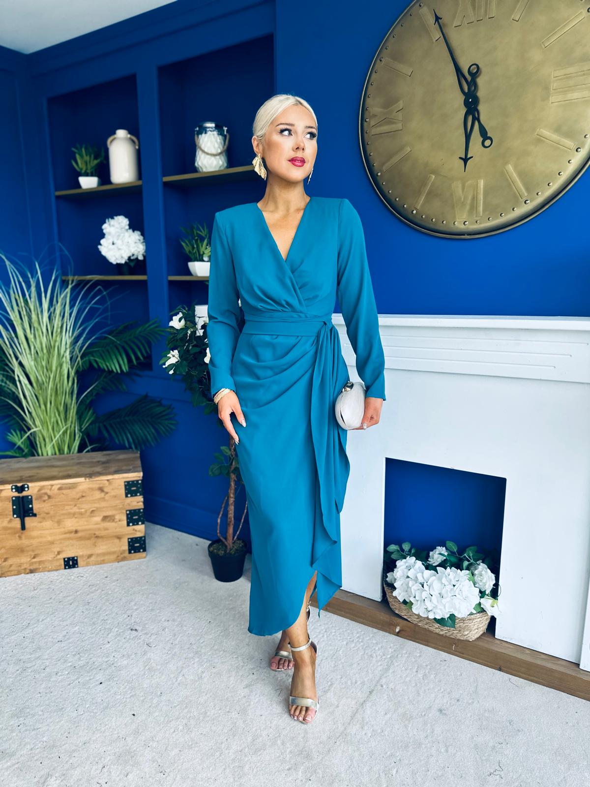 Bria Gathered Detail Midi Dress Teal