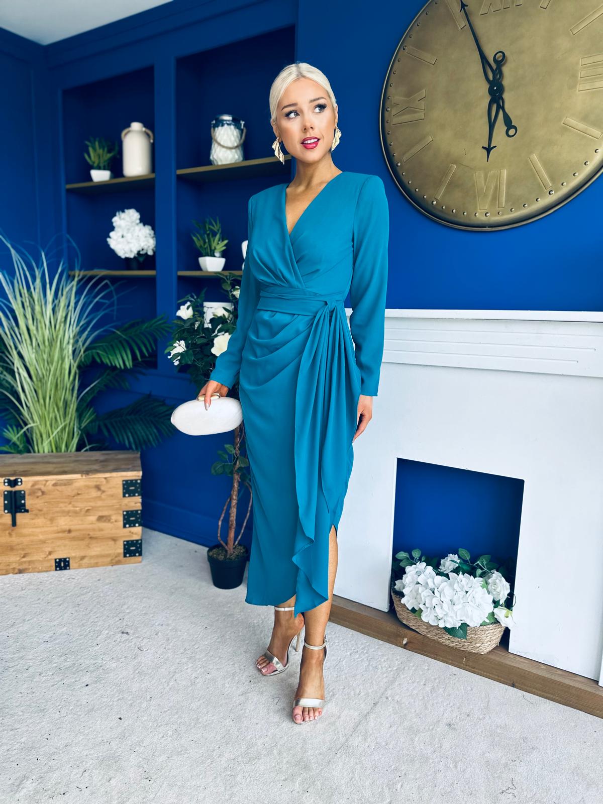 Bria Gathered Detail Midi Dress Teal