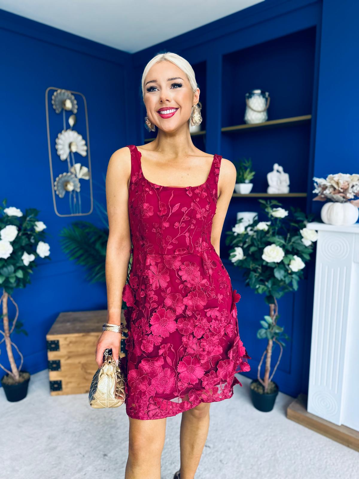 Celeste 3D Floral Square Neck Mini Dress Wine