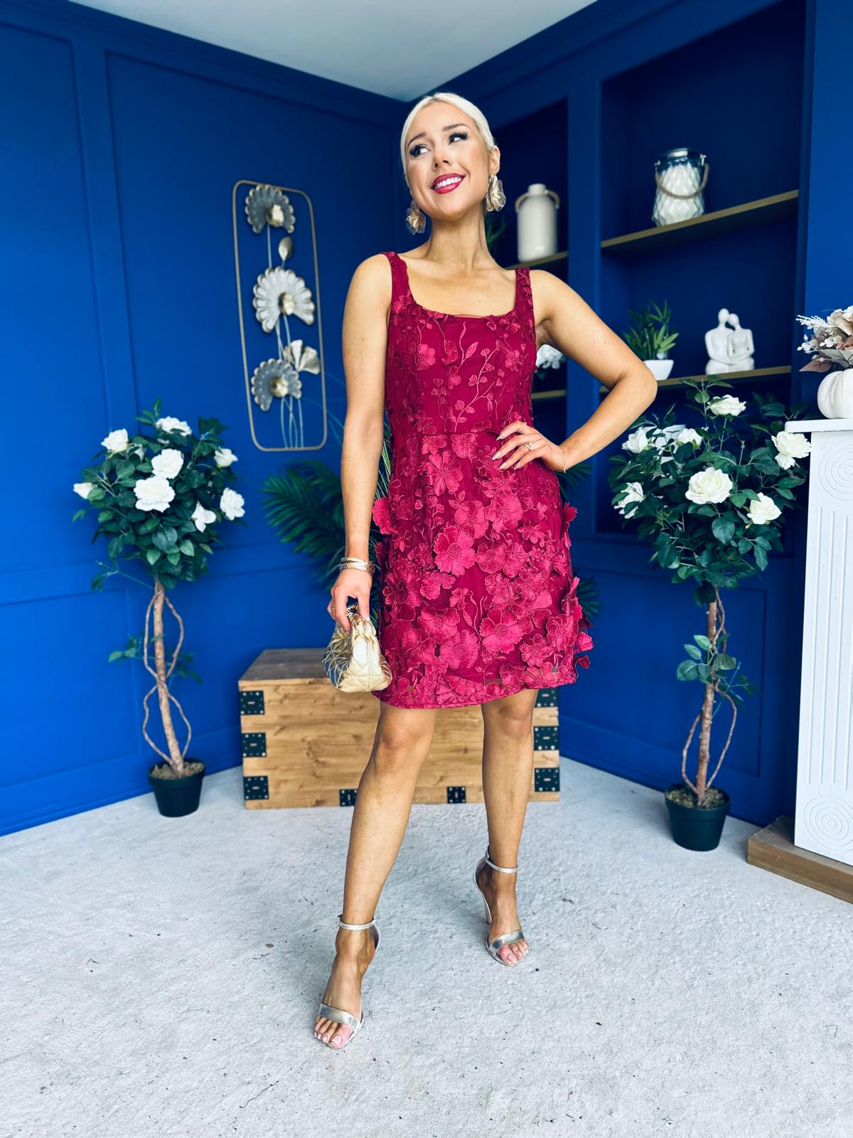 Celeste 3D Floral Square Neck Mini Dress Wine