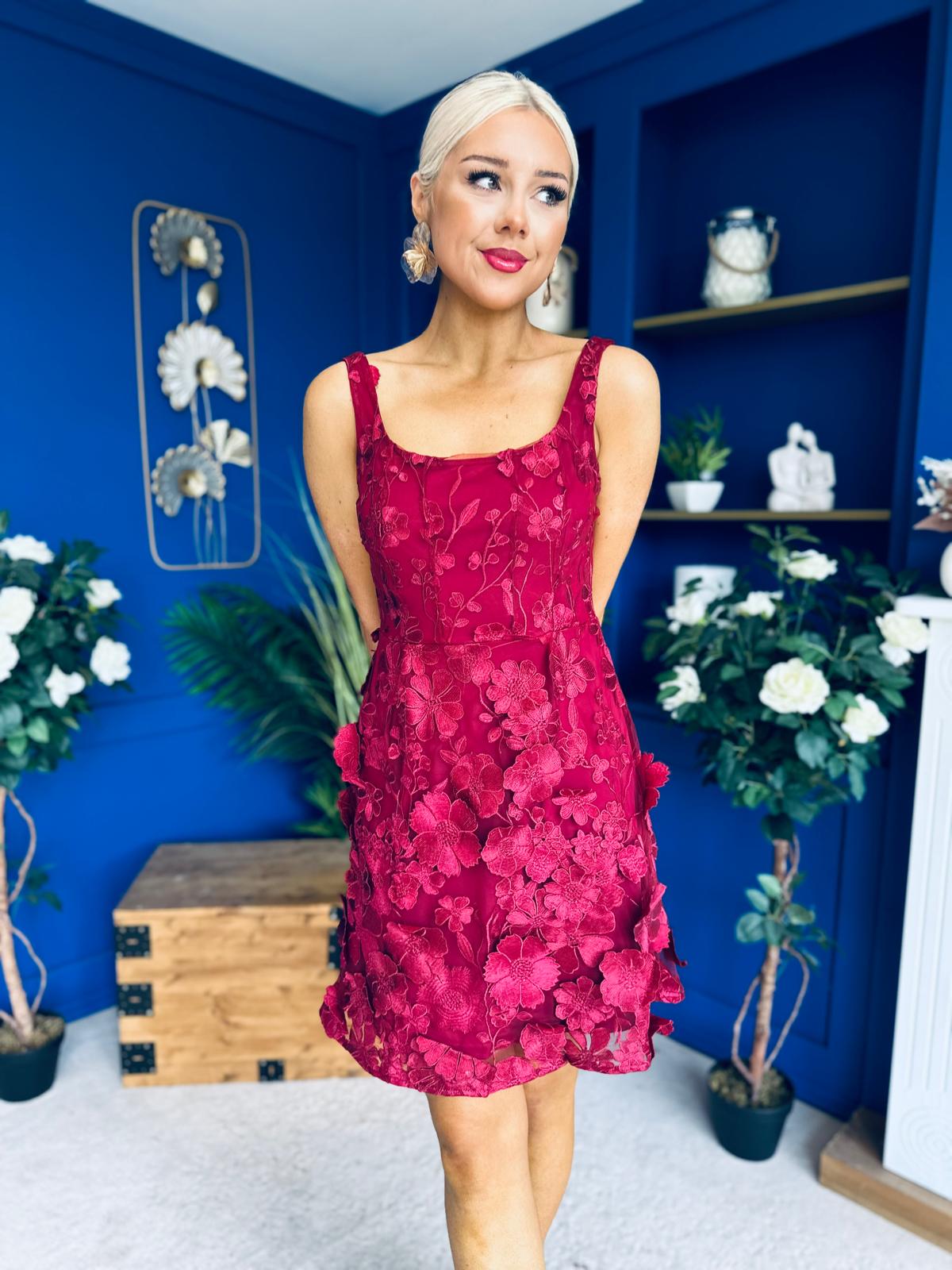 Celeste 3D Floral Square Neck Mini Dress Wine