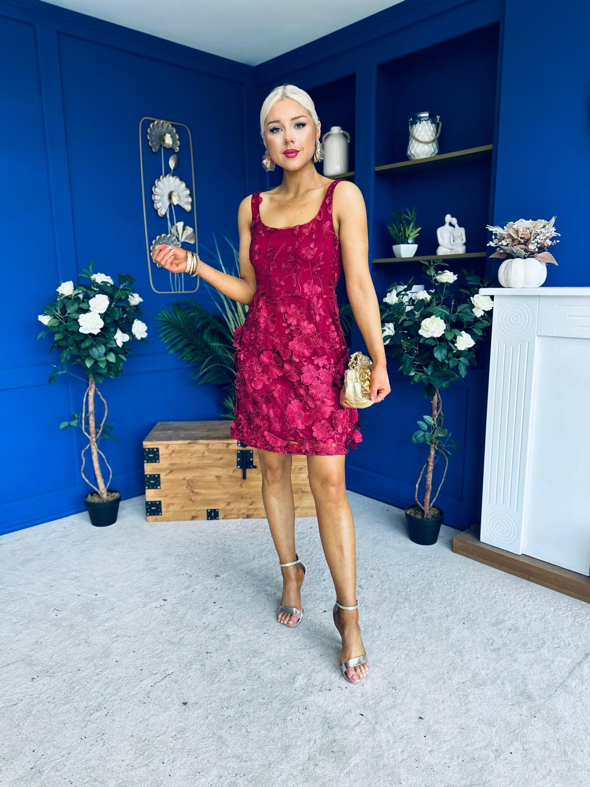 Celeste 3D Floral Square Neck Mini Dress Wine