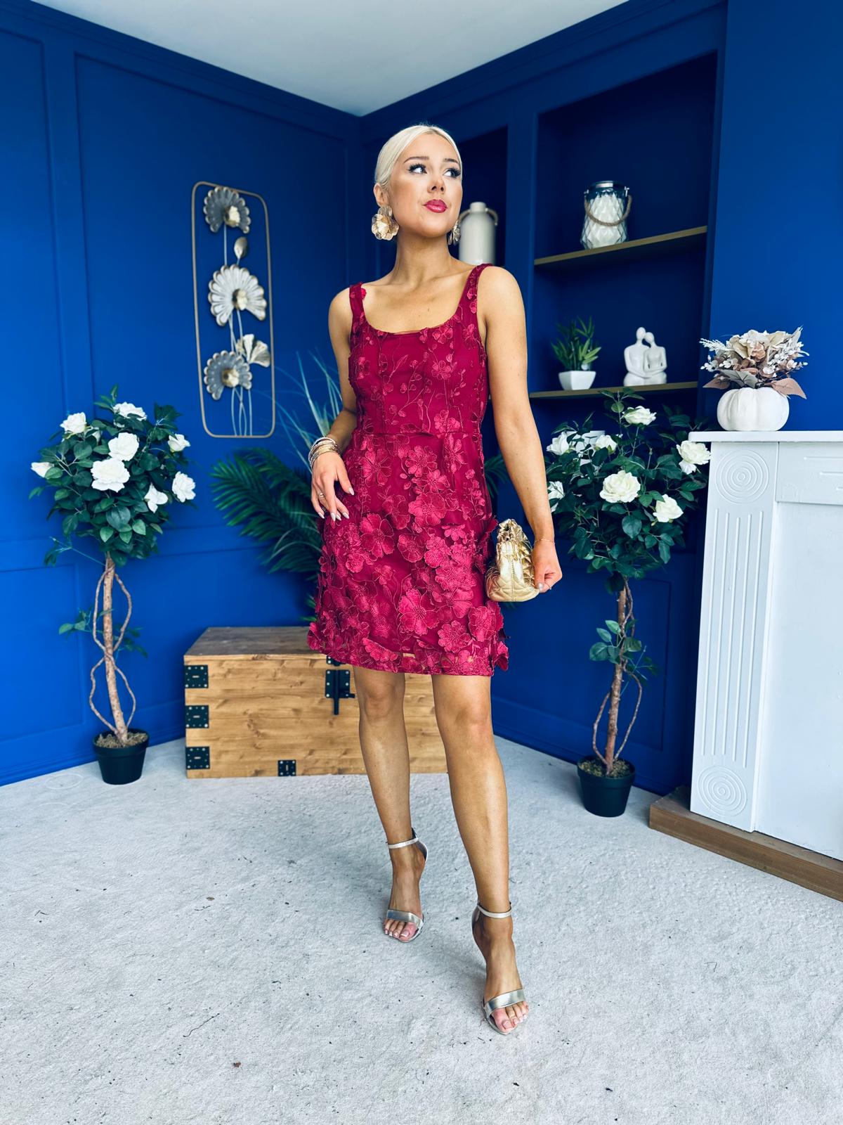 Celeste 3D Floral Square Neck Mini Dress Wine