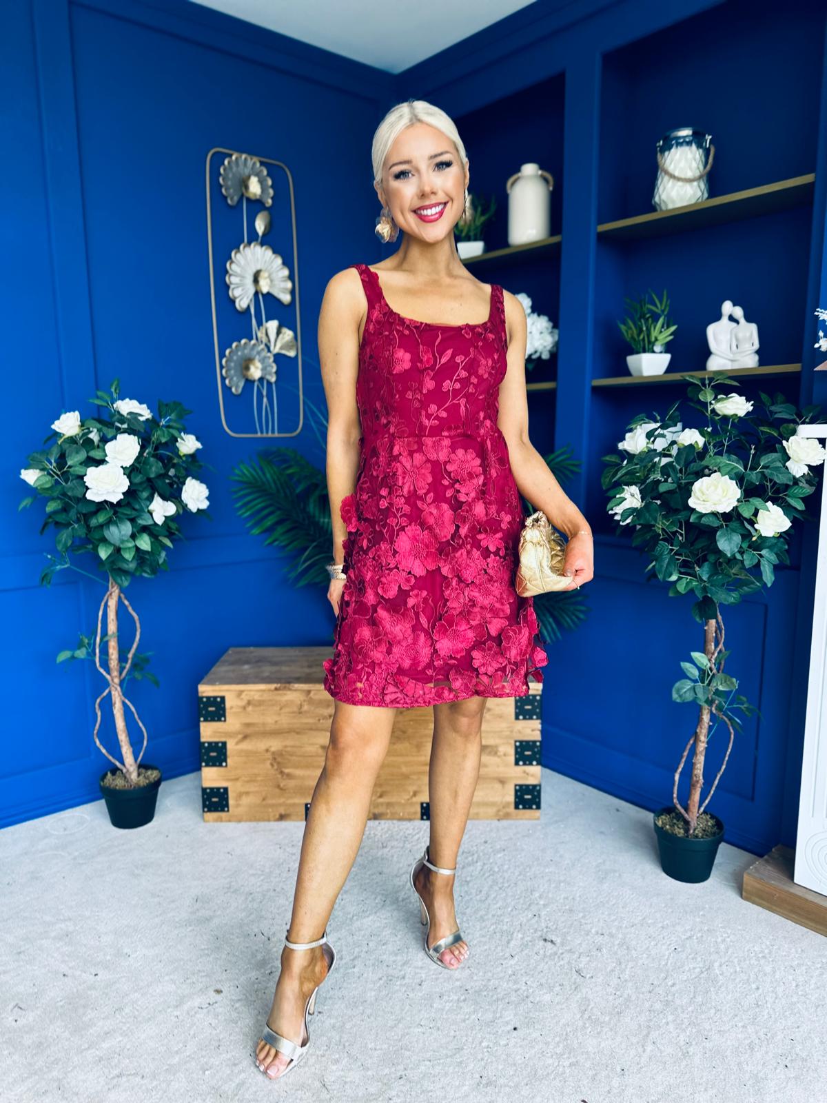 Celeste 3D Floral Square Neck Mini Dress Wine