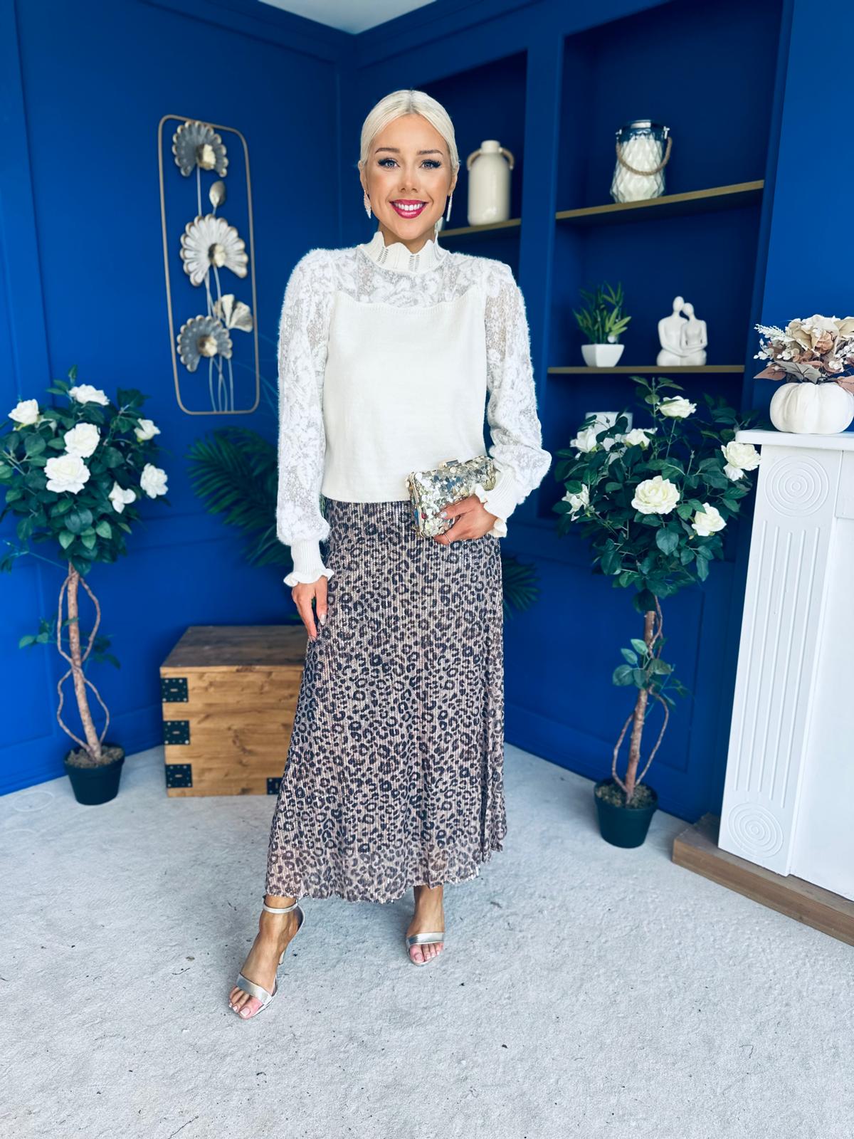 Lila Sequin Midi Skirt Leopard