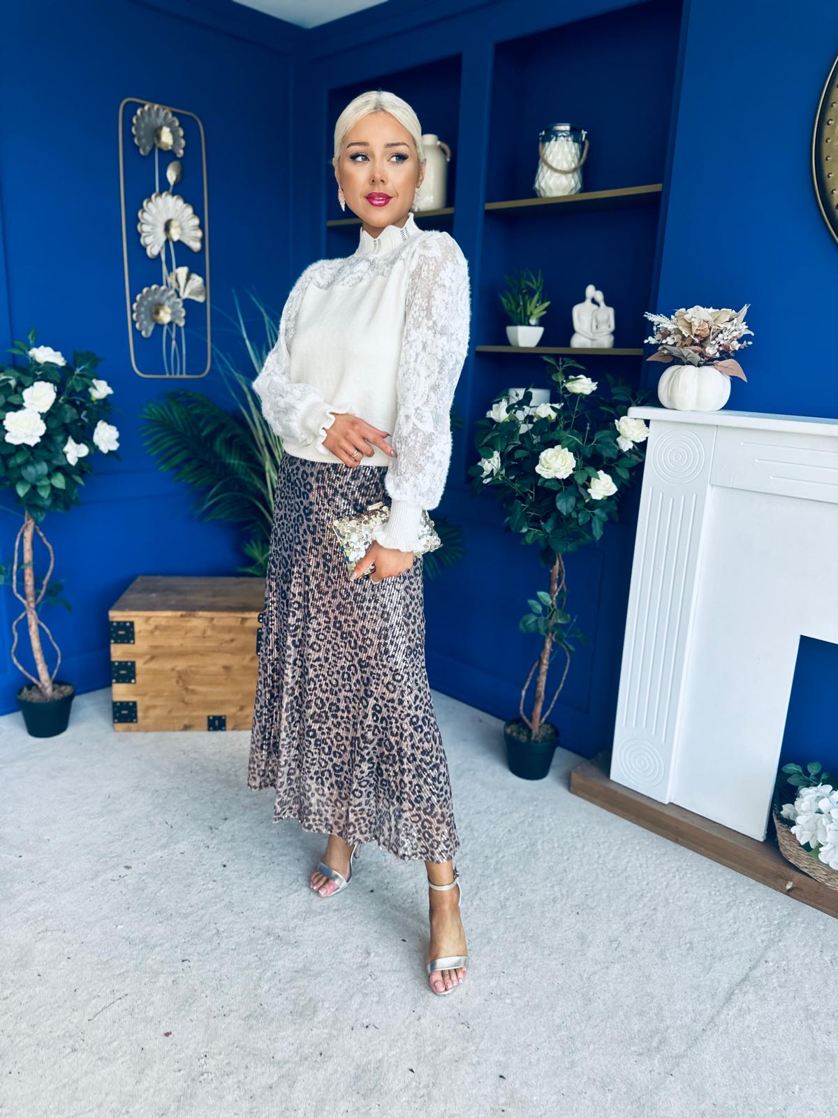 Lila Sequin Midi Skirt Leopard