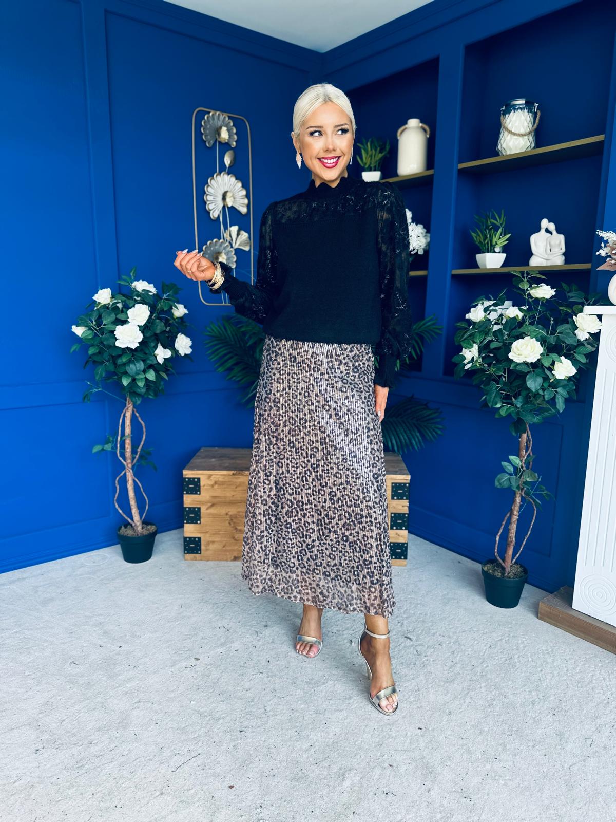 Lila Sequin Midi Skirt Leopard