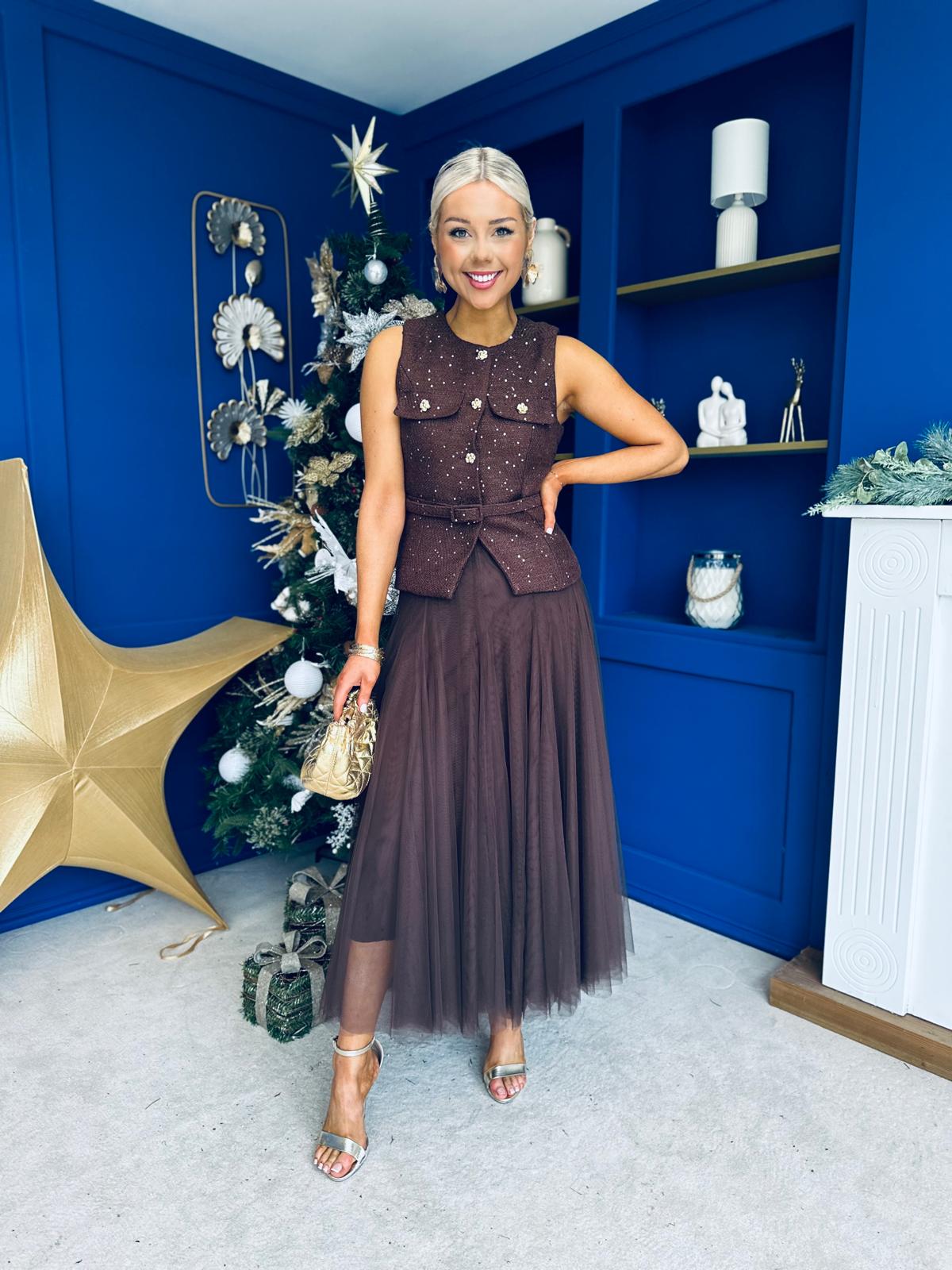 Maria Detailed Tulle Skirt Chocolate