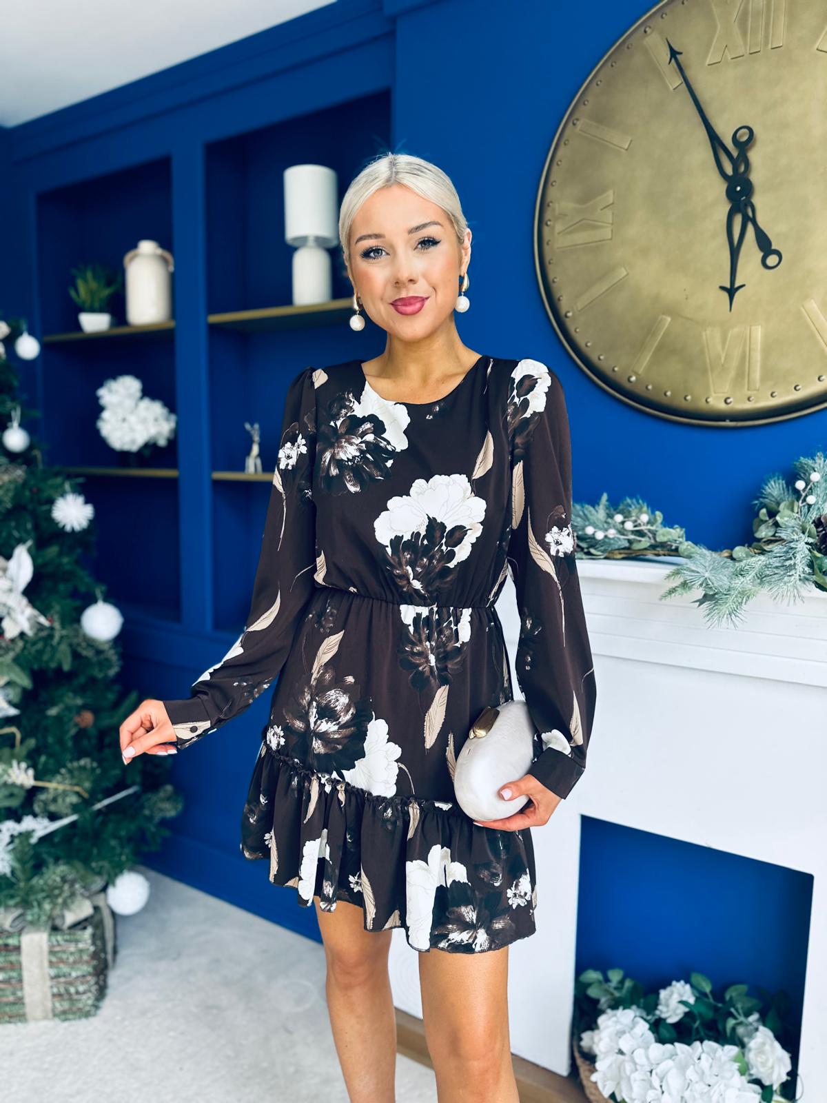 Crystal Long Sleeve Frill Skirt Mini Dress Brown Floral