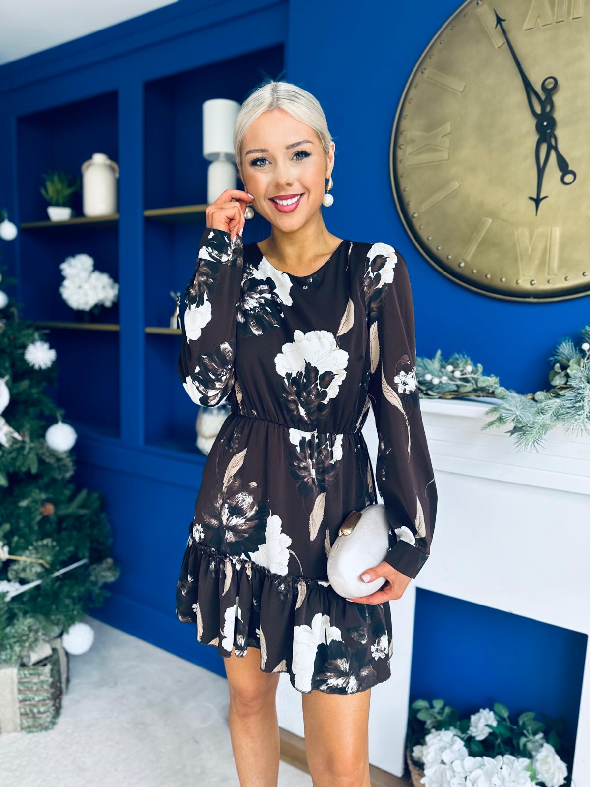 Crystal Long Sleeve Frill Skirt Mini Dress Brown Floral