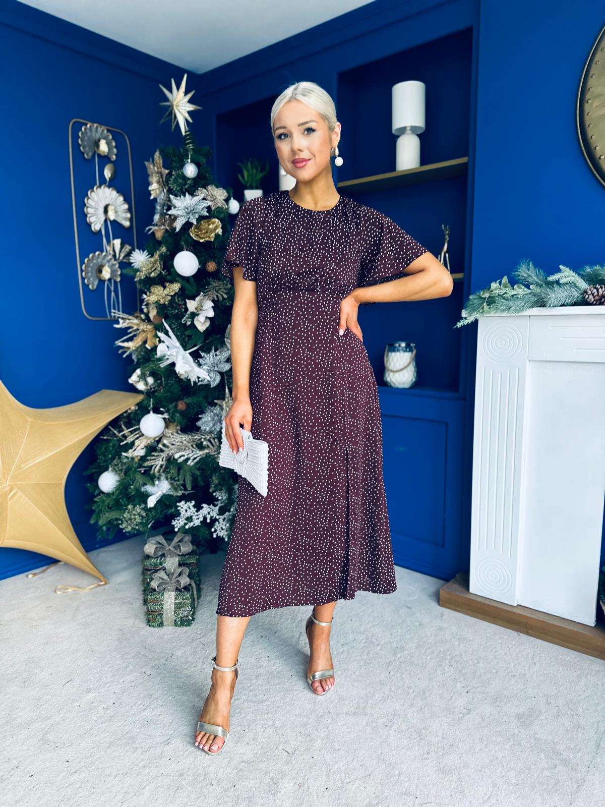 Britney Angel Sleeve Midi Dress Polka Coffee