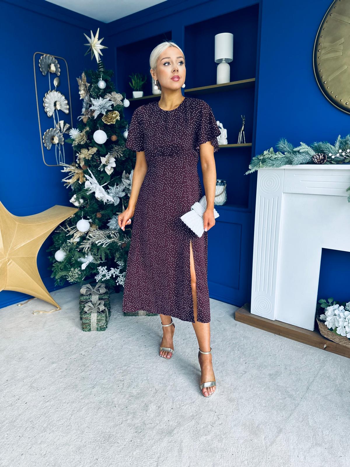 Britney Angel Sleeve Midi Dress Polka Coffee