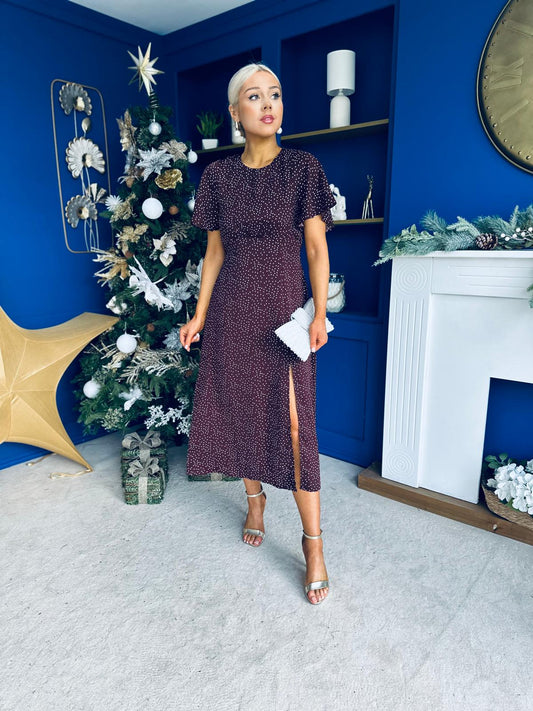 Britney Angel Sleeve Midi Dress Polka Coffee