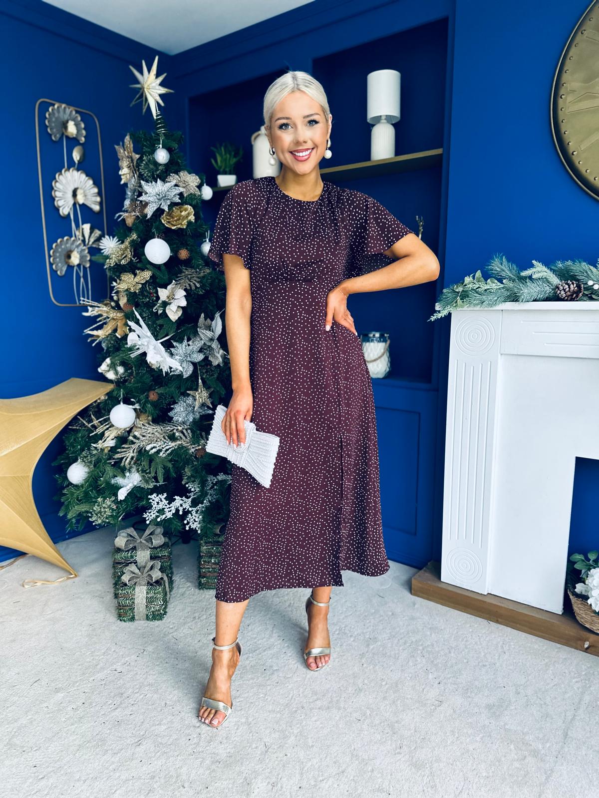 Britney Angel Sleeve Midi Dress Polka Coffee