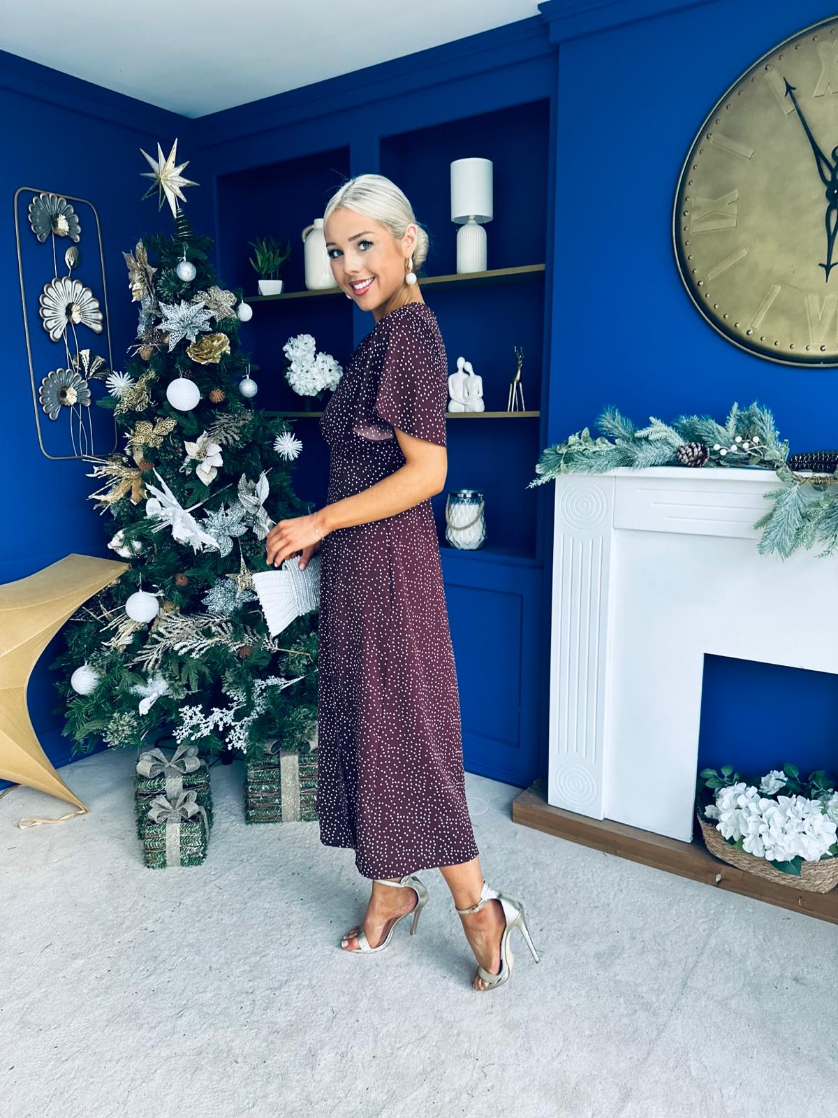 Britney Angel Sleeve Midi Dress Polka Coffee