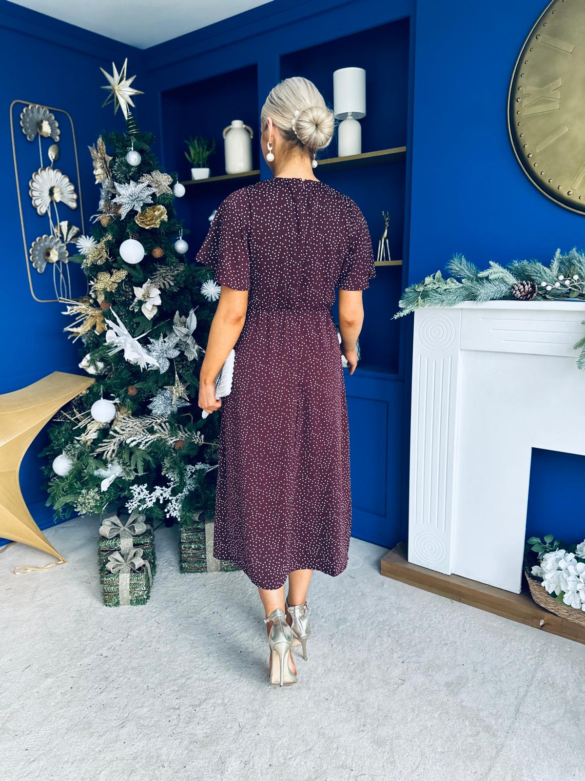 Britney Angel Sleeve Midi Dress Polka Coffee