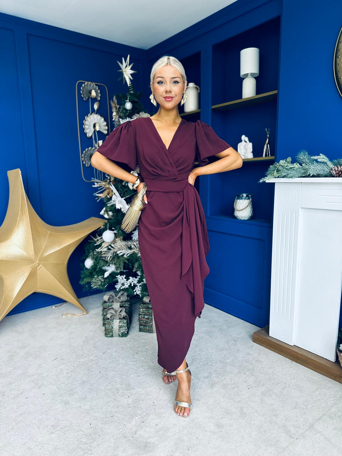 Drew Puff Sleeve Midi Dress Burgundy