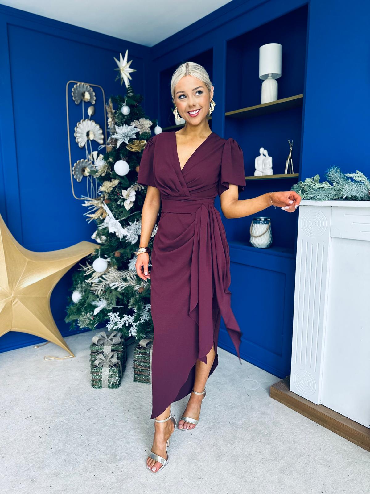 Drew Puff Sleeve Midi Dress Burgundy