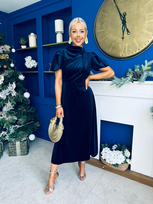 Stacey Velvet Occasion Midi Dress Navy