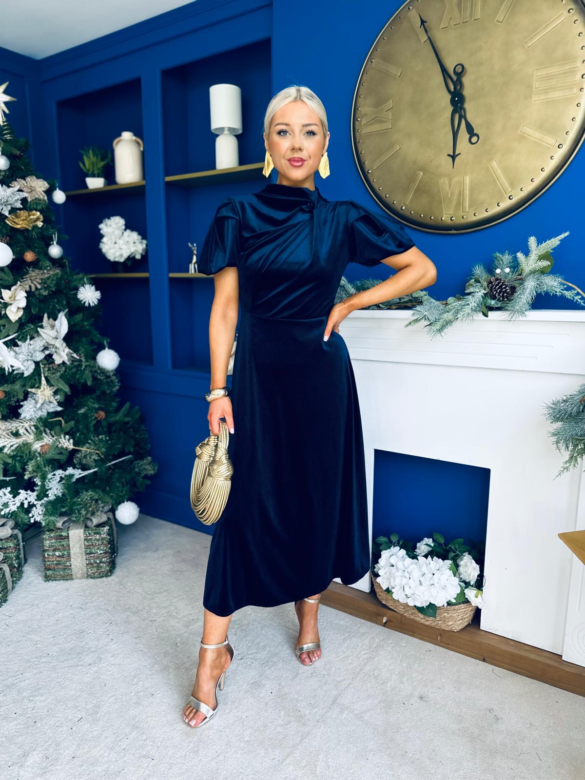 Stacey Velvet Occasion Midi Dress Navy