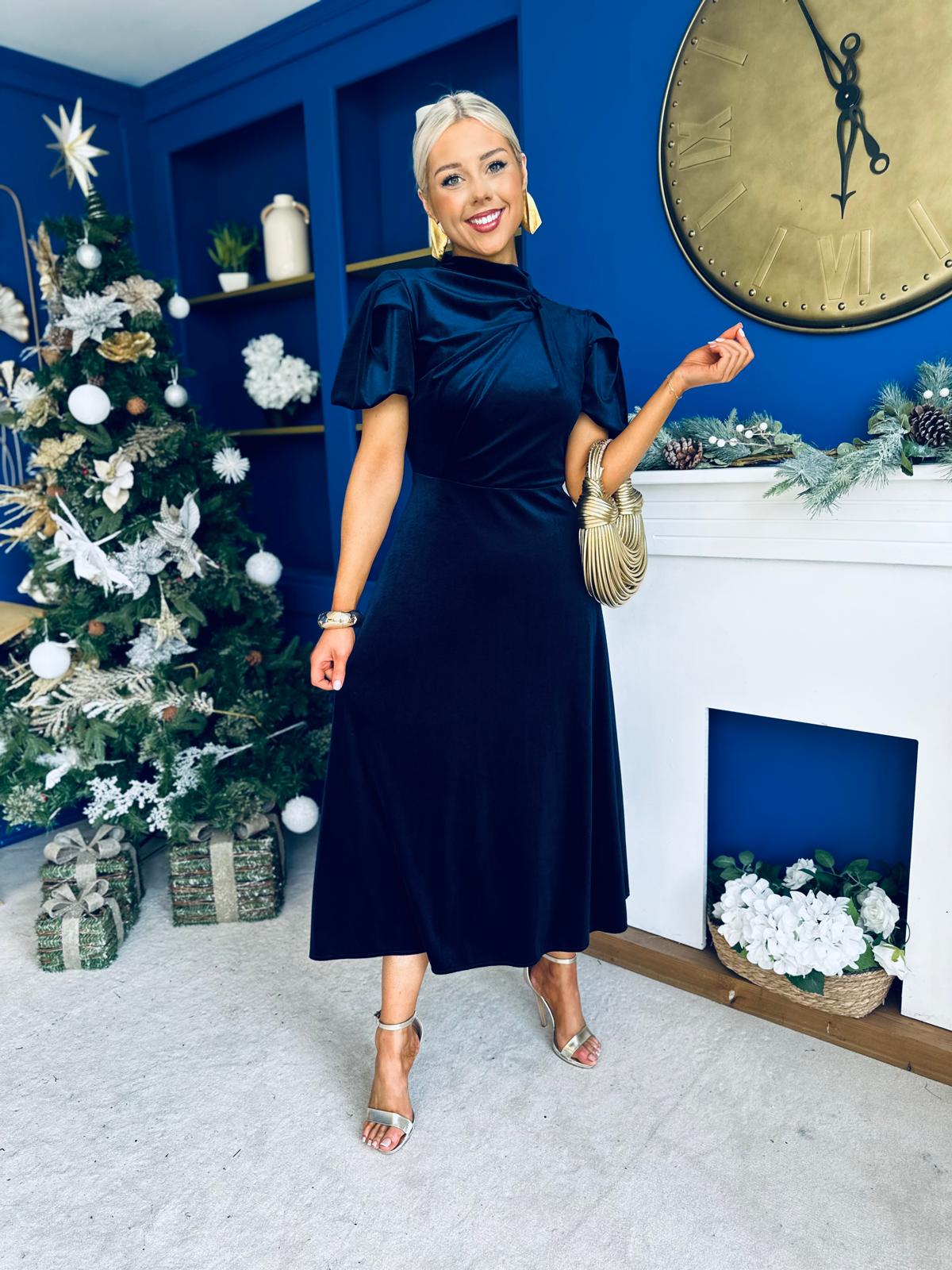Stacey Velvet Occasion Midi Dress Navy