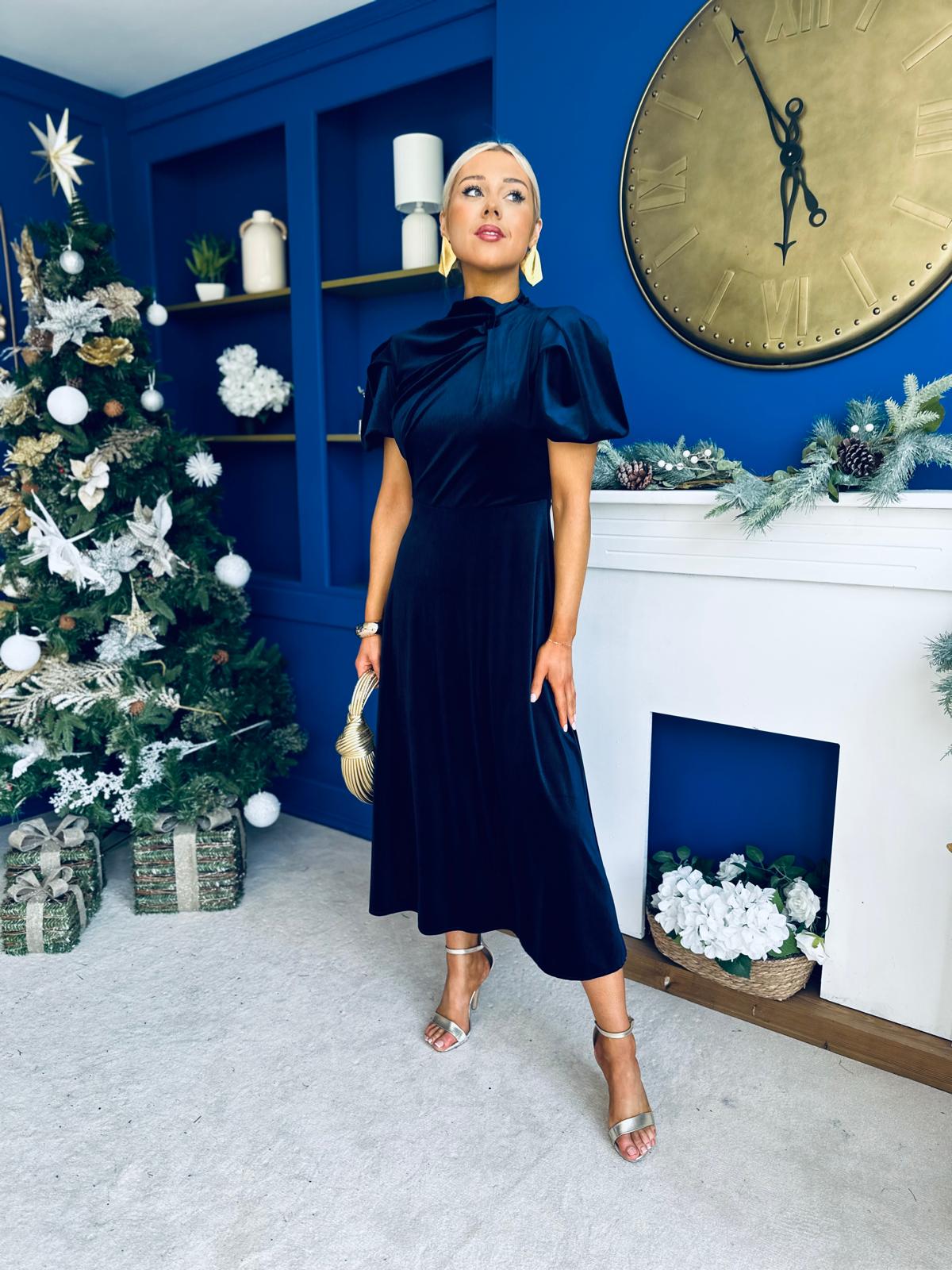 Stacey Velvet Occasion Midi Dress Navy