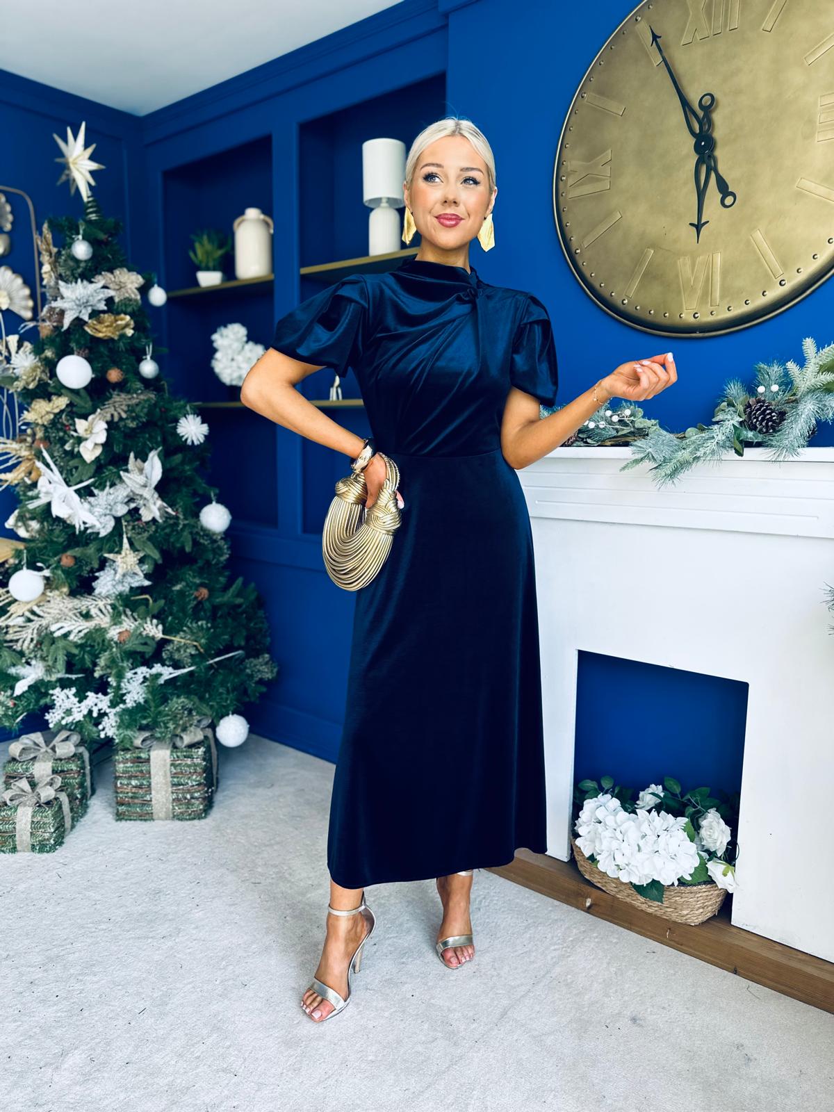 Stacey Velvet Occasion Midi Dress Navy