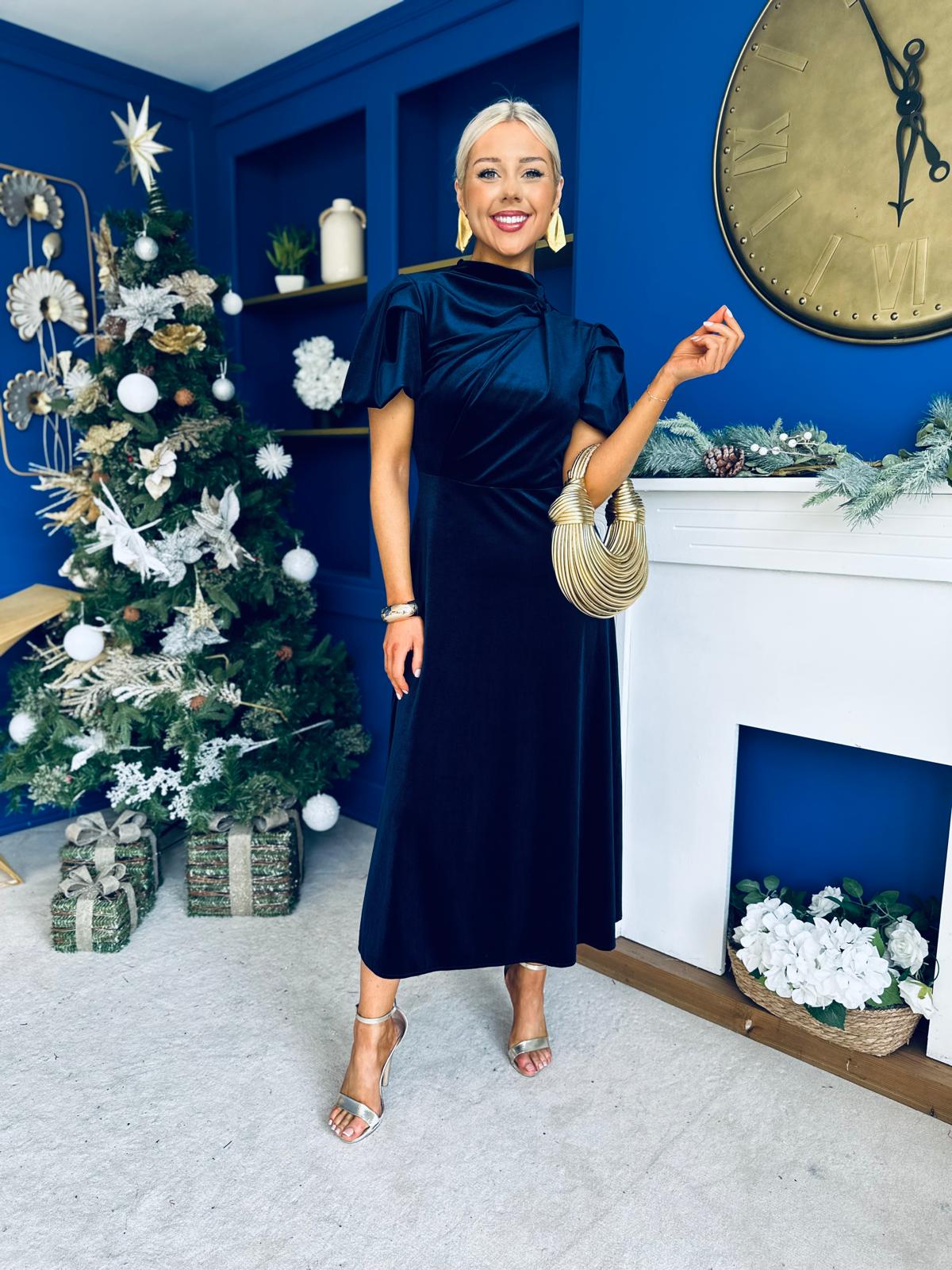 Stacey Velvet Occasion Midi Dress Navy