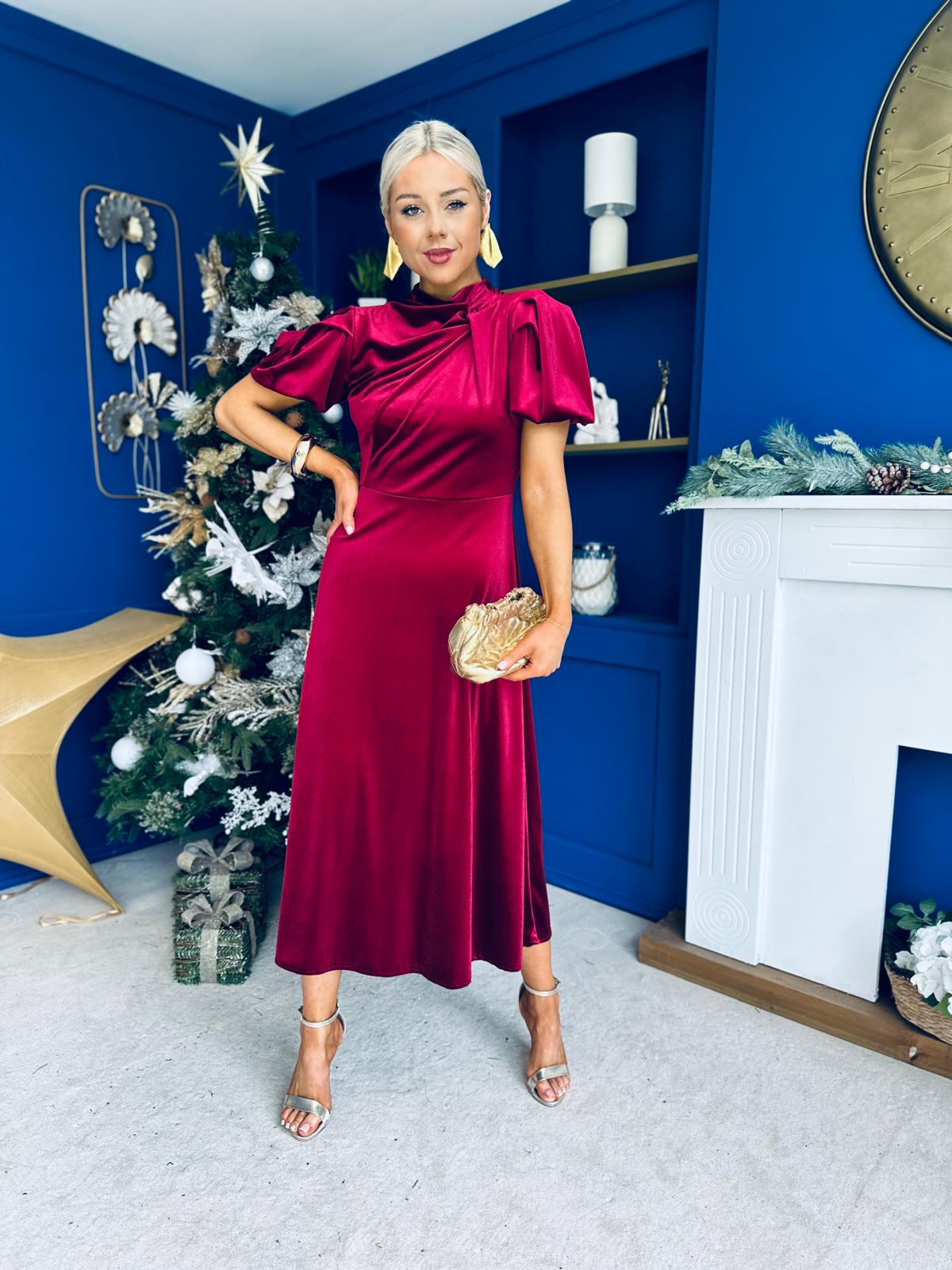 Stacey Velvet Occasion Midi Dress Wine