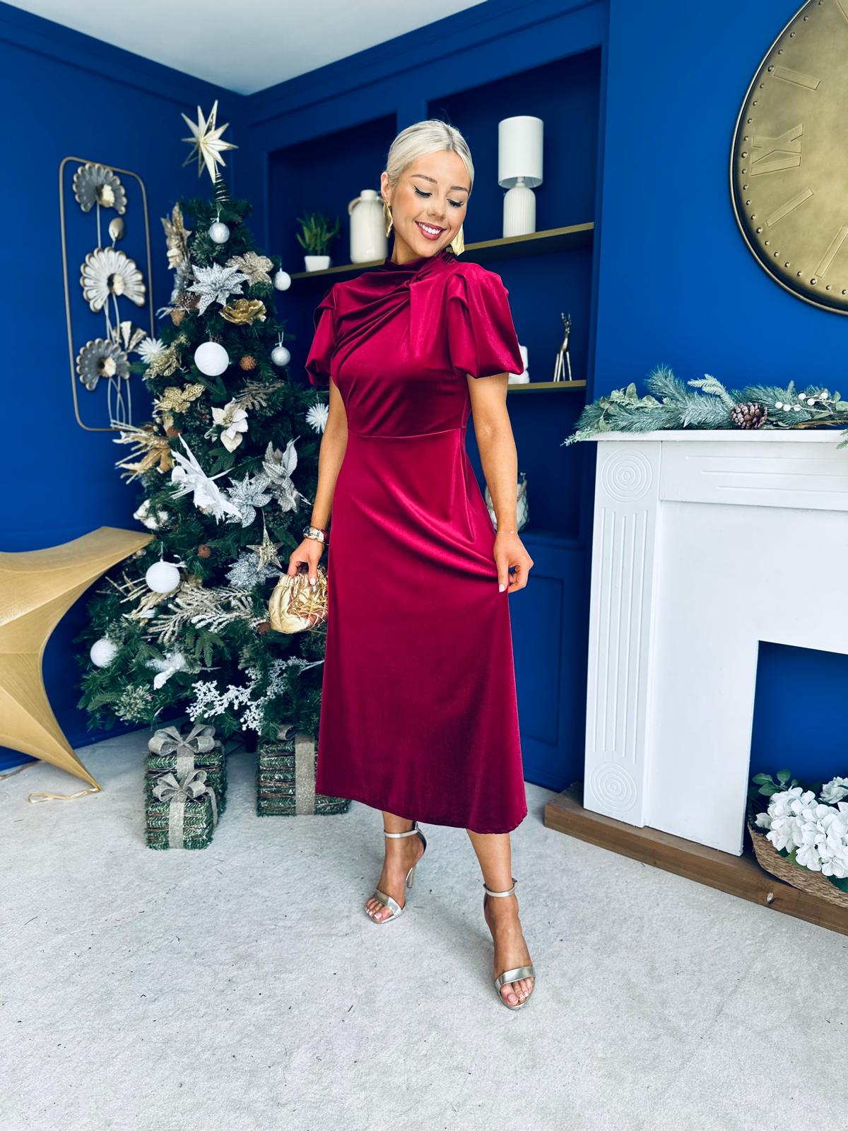 Stacey Velvet Occasion Midi Dress Wine