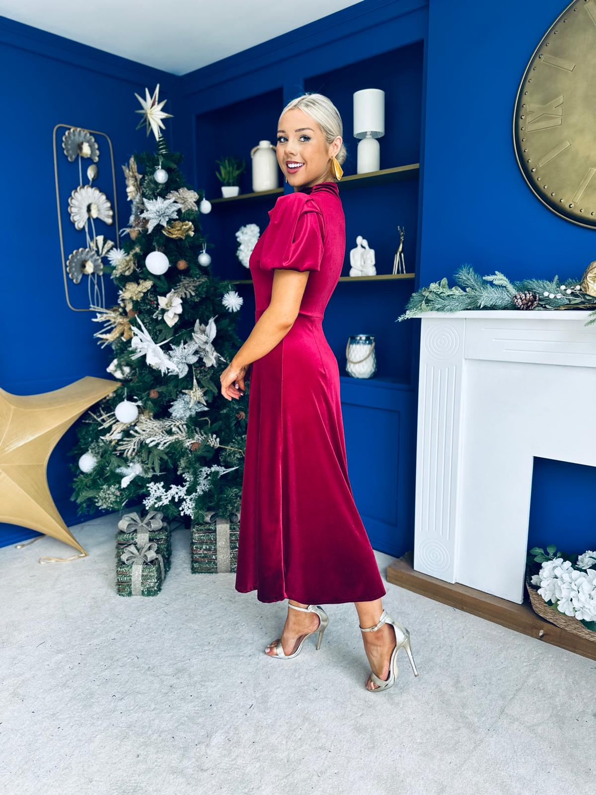 Stacey Velvet Occasion Midi Dress Wine