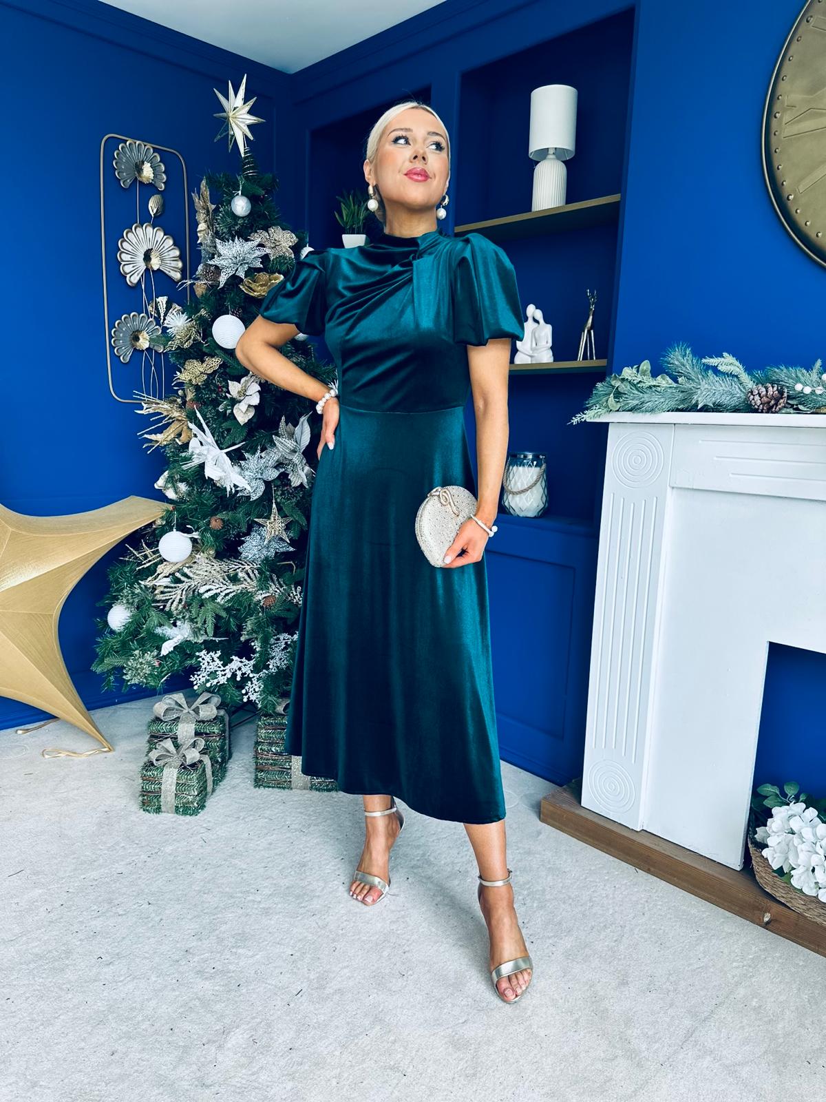 Stacey Velvet Occasion Midi Dress Forest