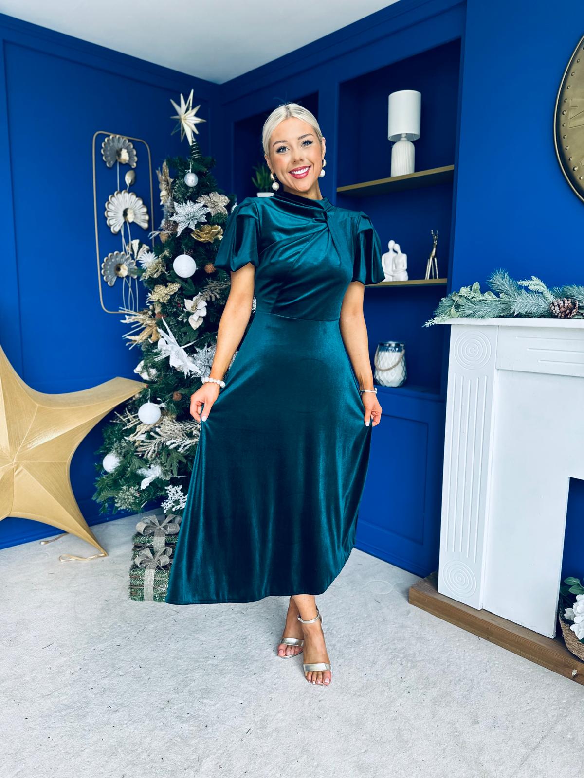 Stacey Velvet Occasion Midi Dress Forest