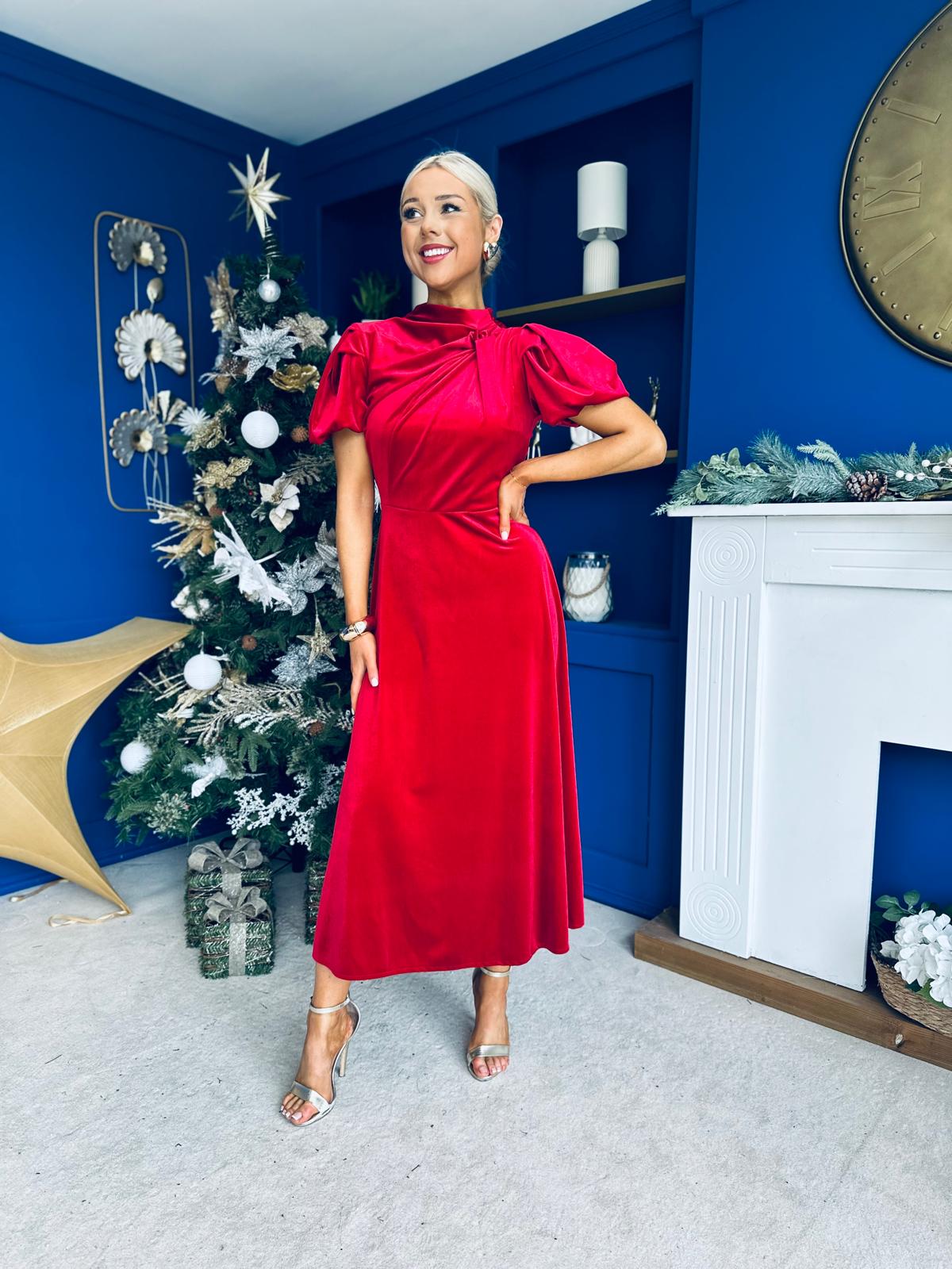 Stacey Velvet Occasion Midi Dress Red