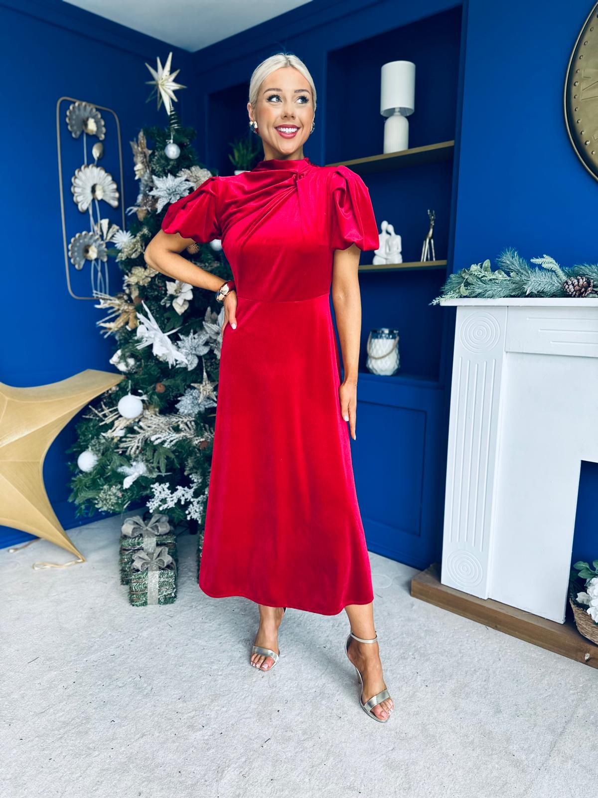 Stacey Velvet Occasion Midi Dress Red