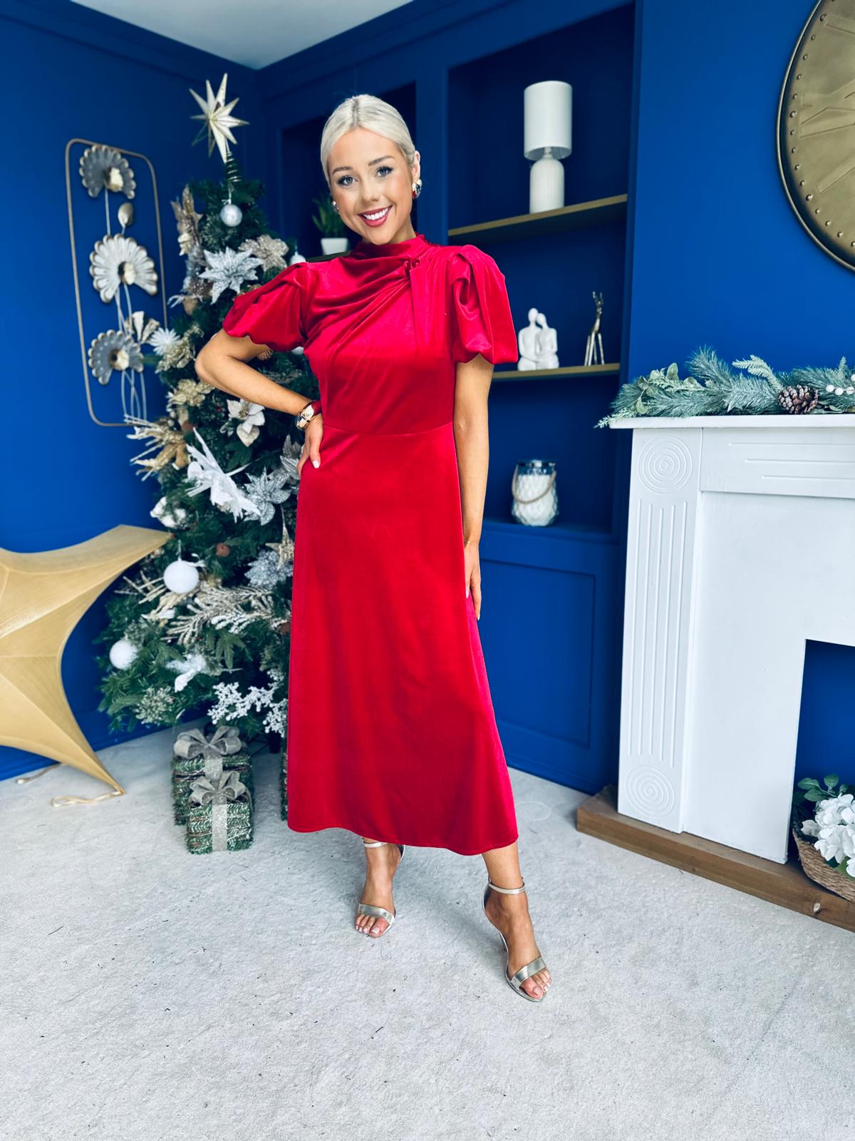 Stacey Velvet Occasion Midi Dress Red