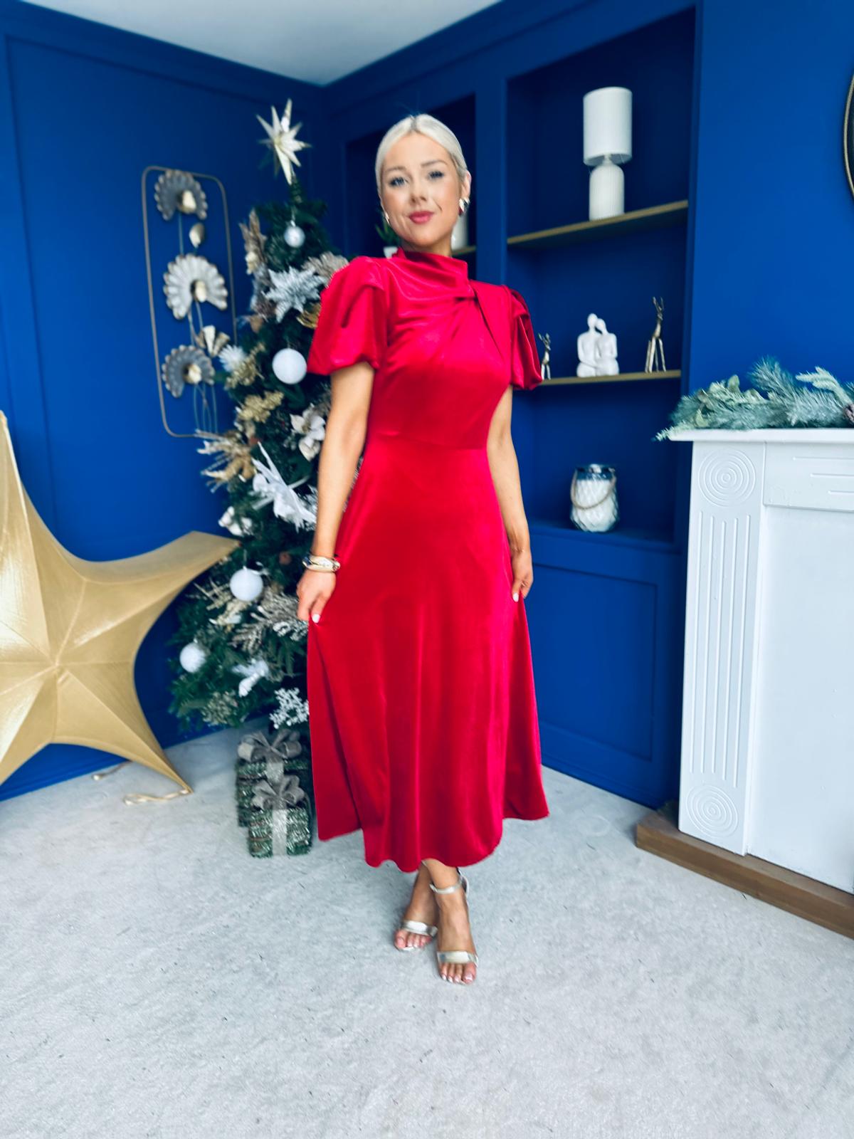 Stacey Velvet Occasion Midi Dress Red