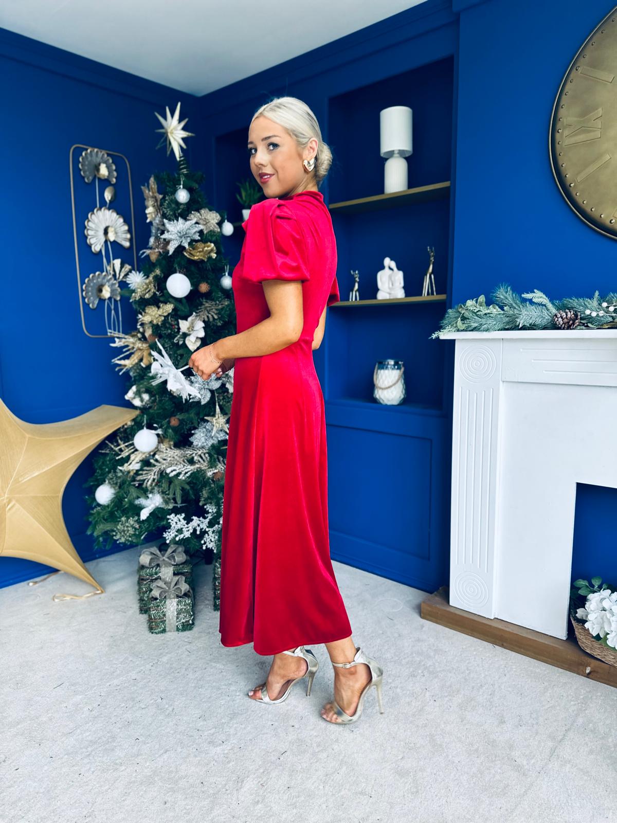 Stacey Velvet Occasion Midi Dress Red