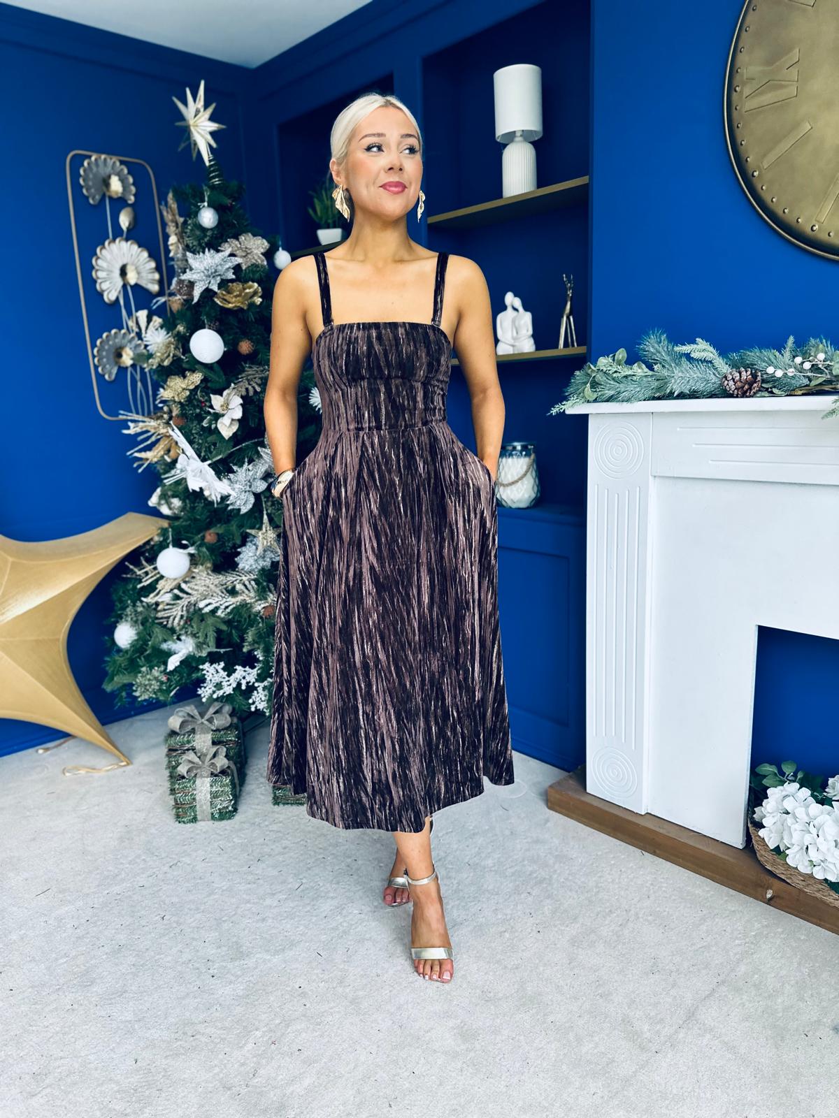 Danika Brown Foiled Velvet Midi Dress