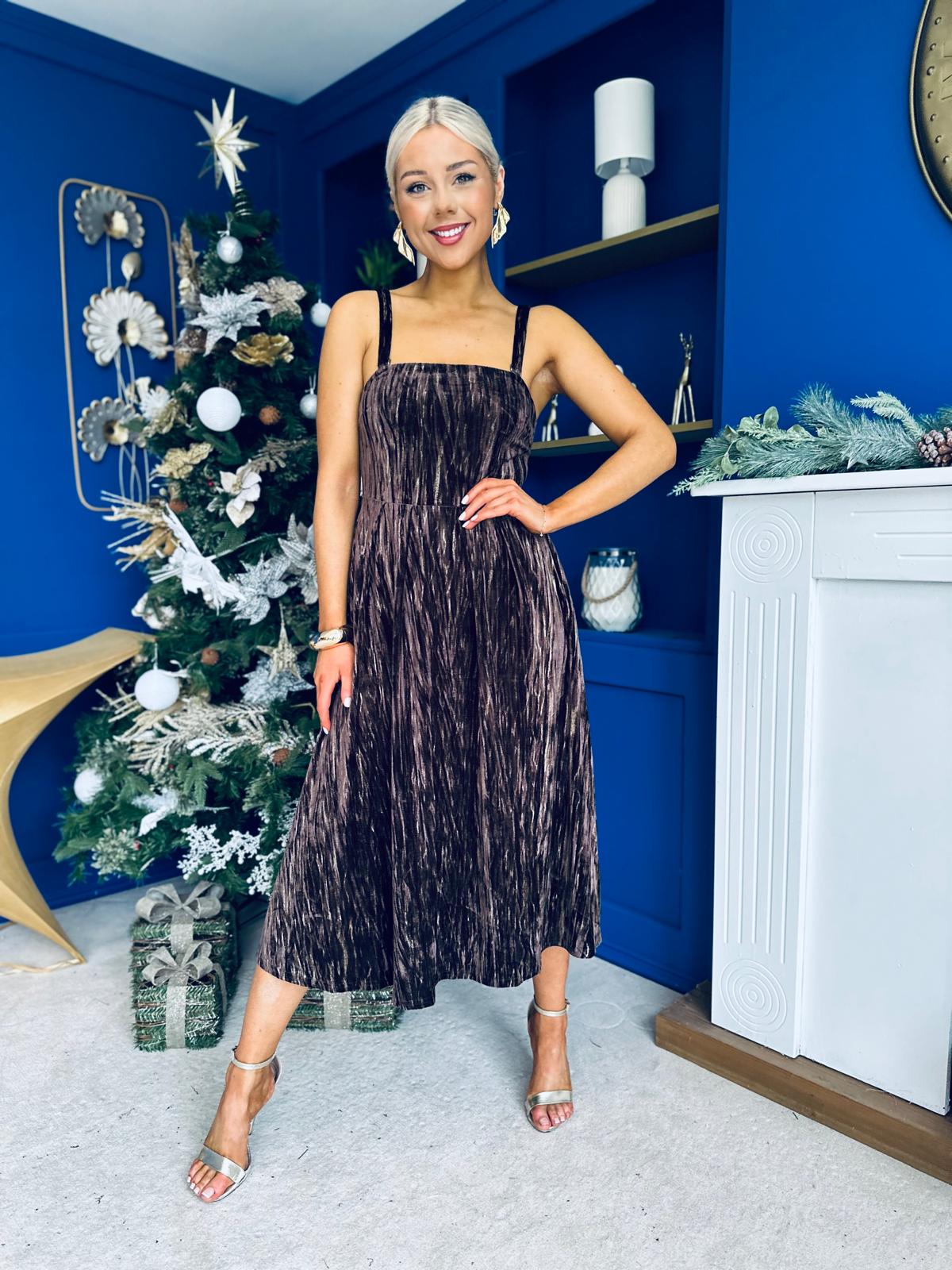 Danika Brown Foiled Velvet Midi Dress