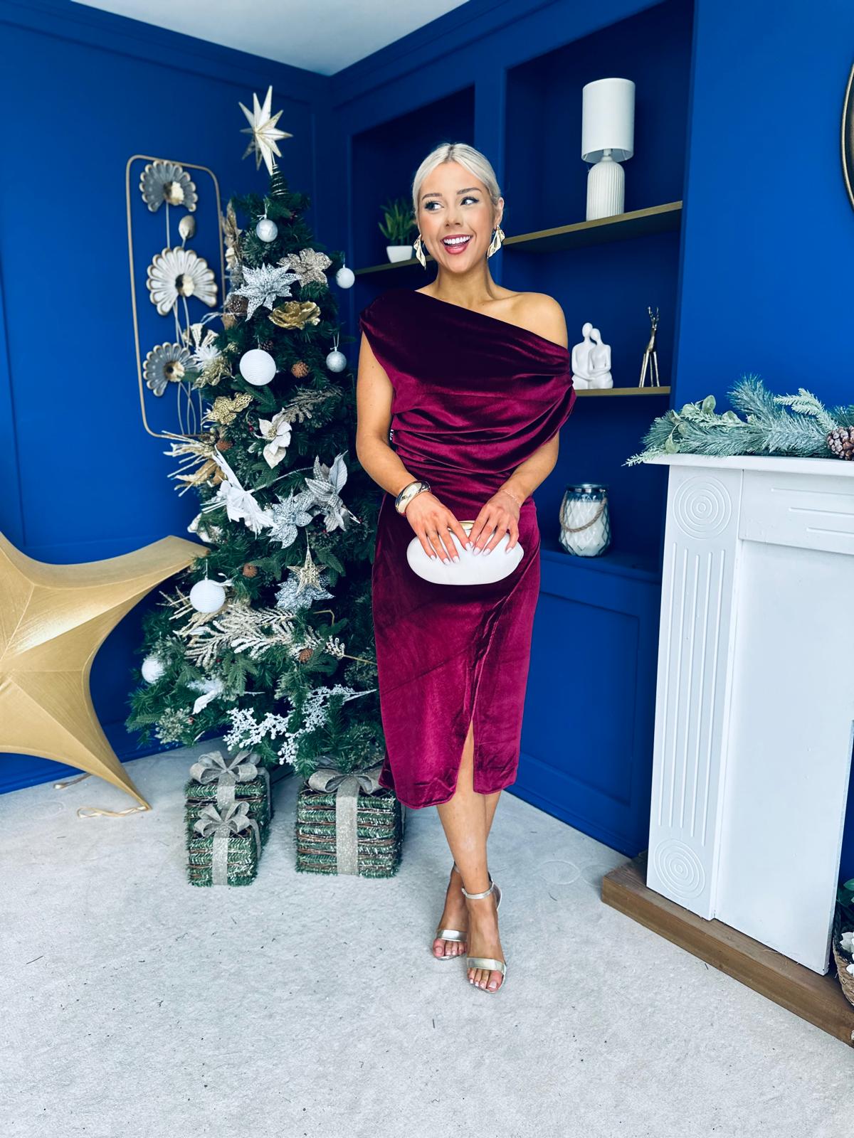 Ariana Asymmetric Midi Dress Velvet Wine