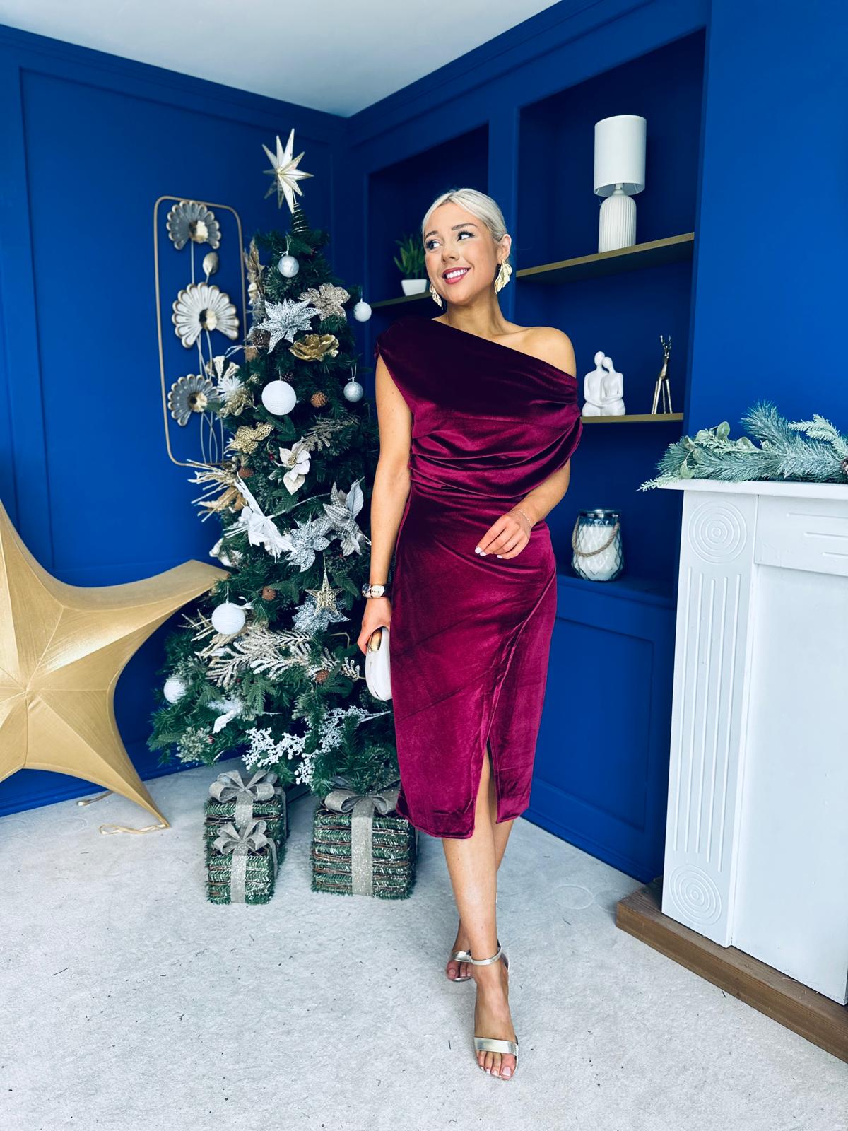 Ariana Asymmetric Midi Dress Velvet Wine