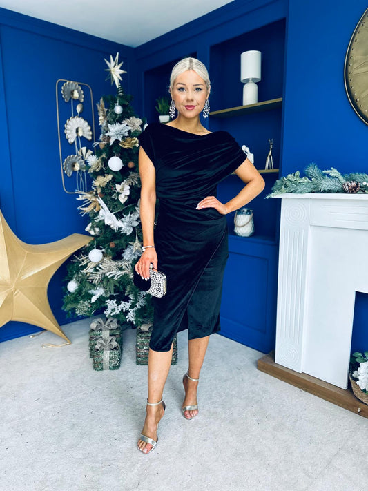 Ariana Asymmetric Midi Dress Velvet Black