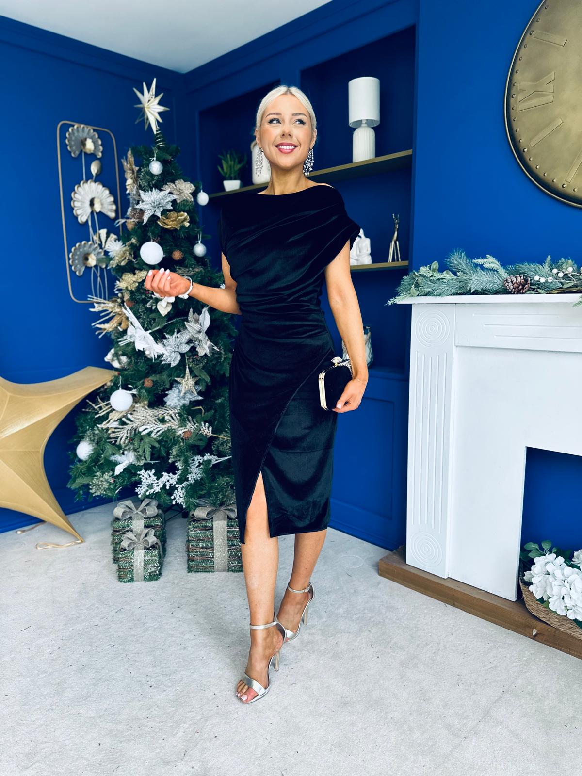 Ariana Asymmetric Midi Dress Velvet Black