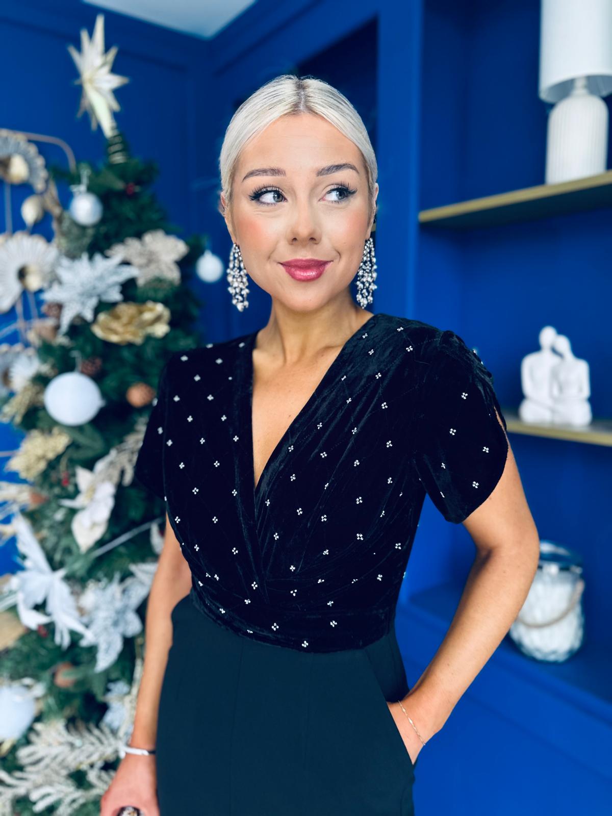 Bridget Twist Font Split Arm Jumpsuit Beaded Velvet